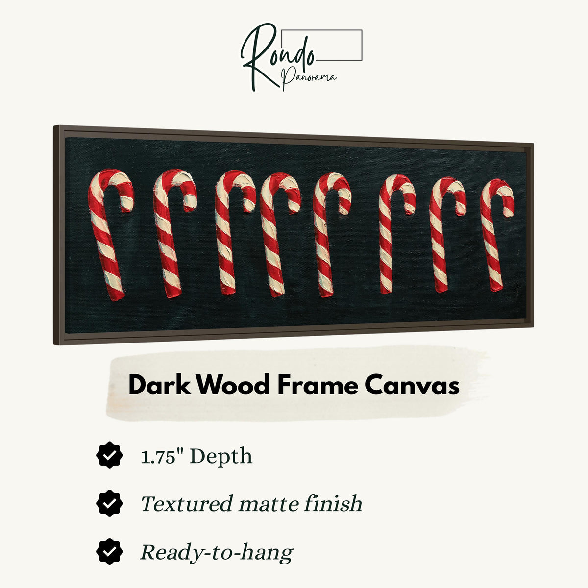Row of candy canes on black canvas print in a dark wood floating frame