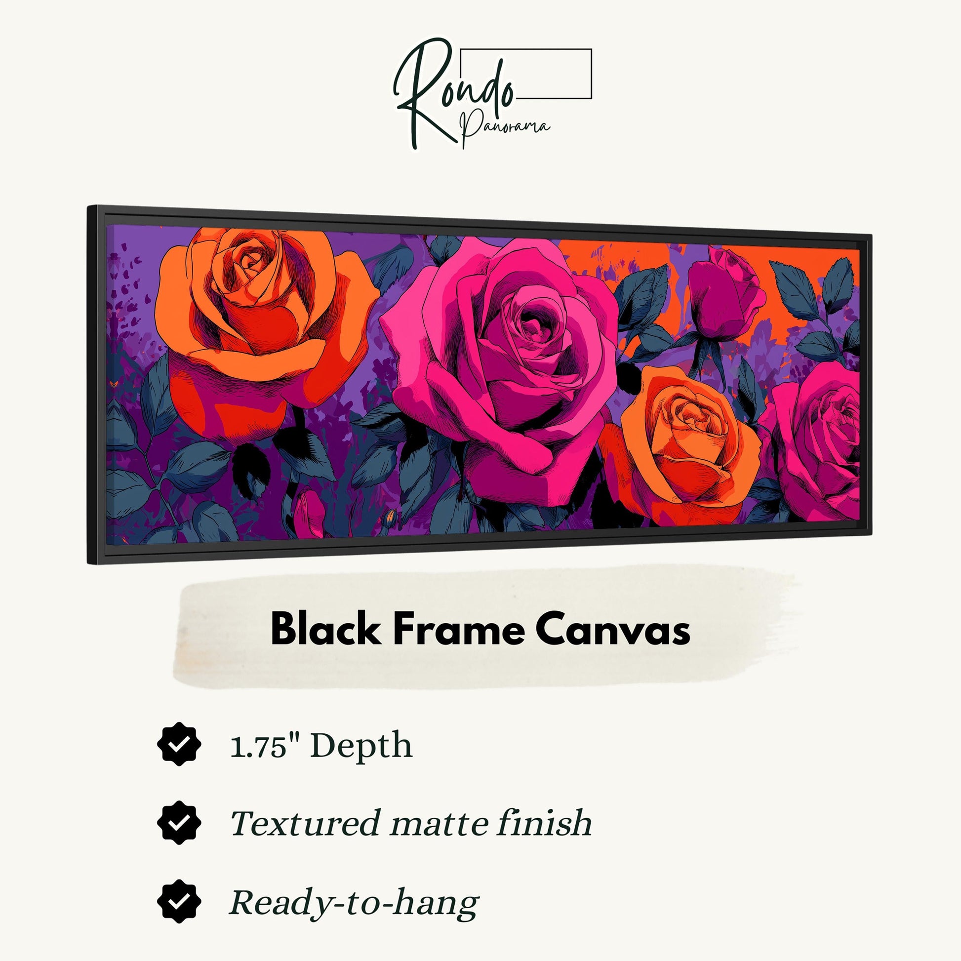 The image is a black frame canvas featuring a vibrant illustration of pink and orange roses against a purple background.