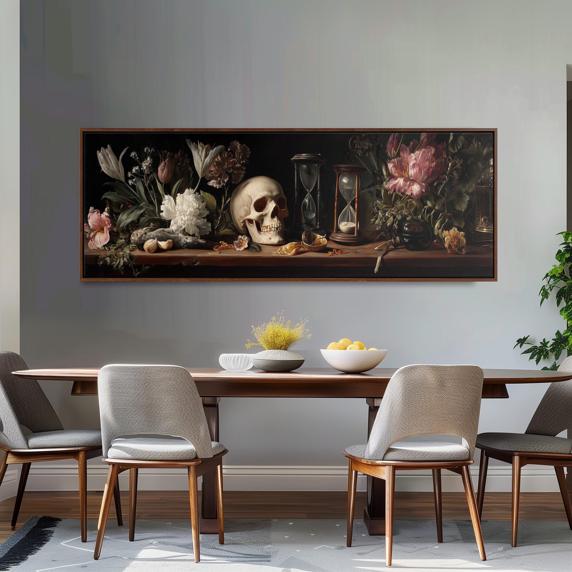 a large painting of a still life arrangement on a wall above a wooden dining table with four chairs. The painting includes a skull, flowers, and other decorative elements.