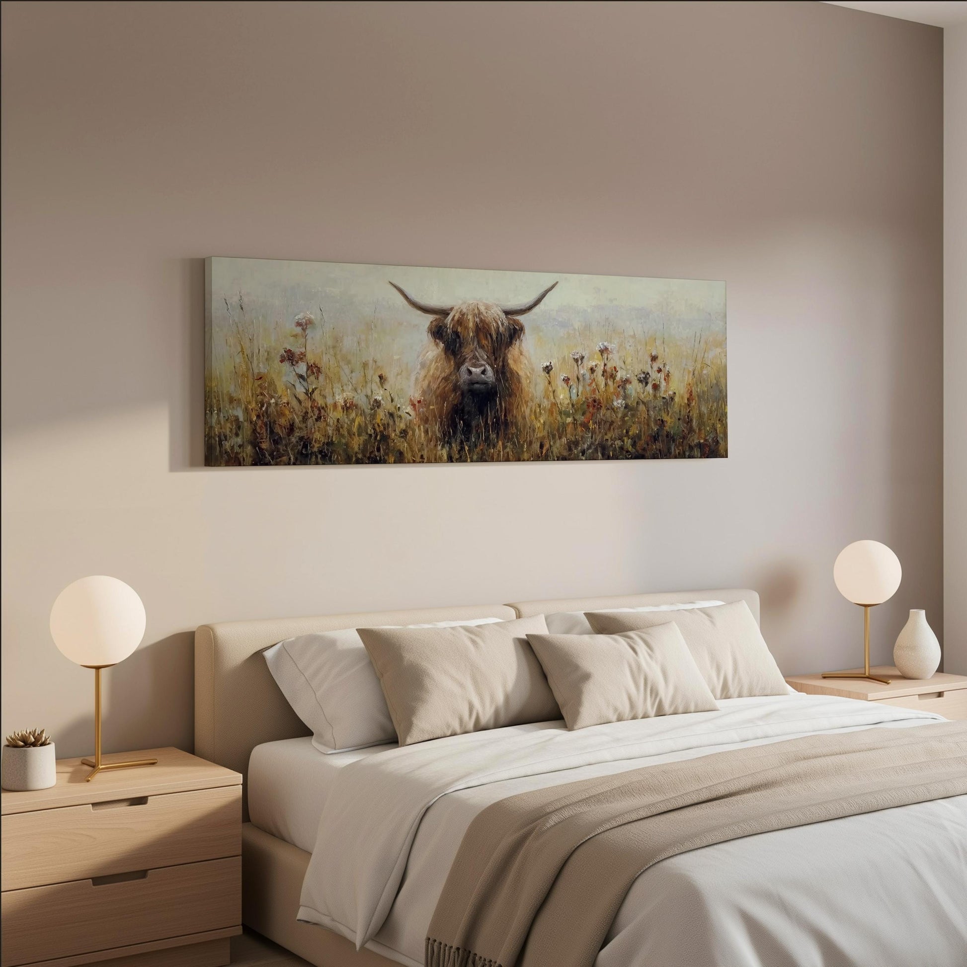 a bedroom with a large bed, two nightstands with lamps, and a painting of a Highland cow on the wall above the bed.