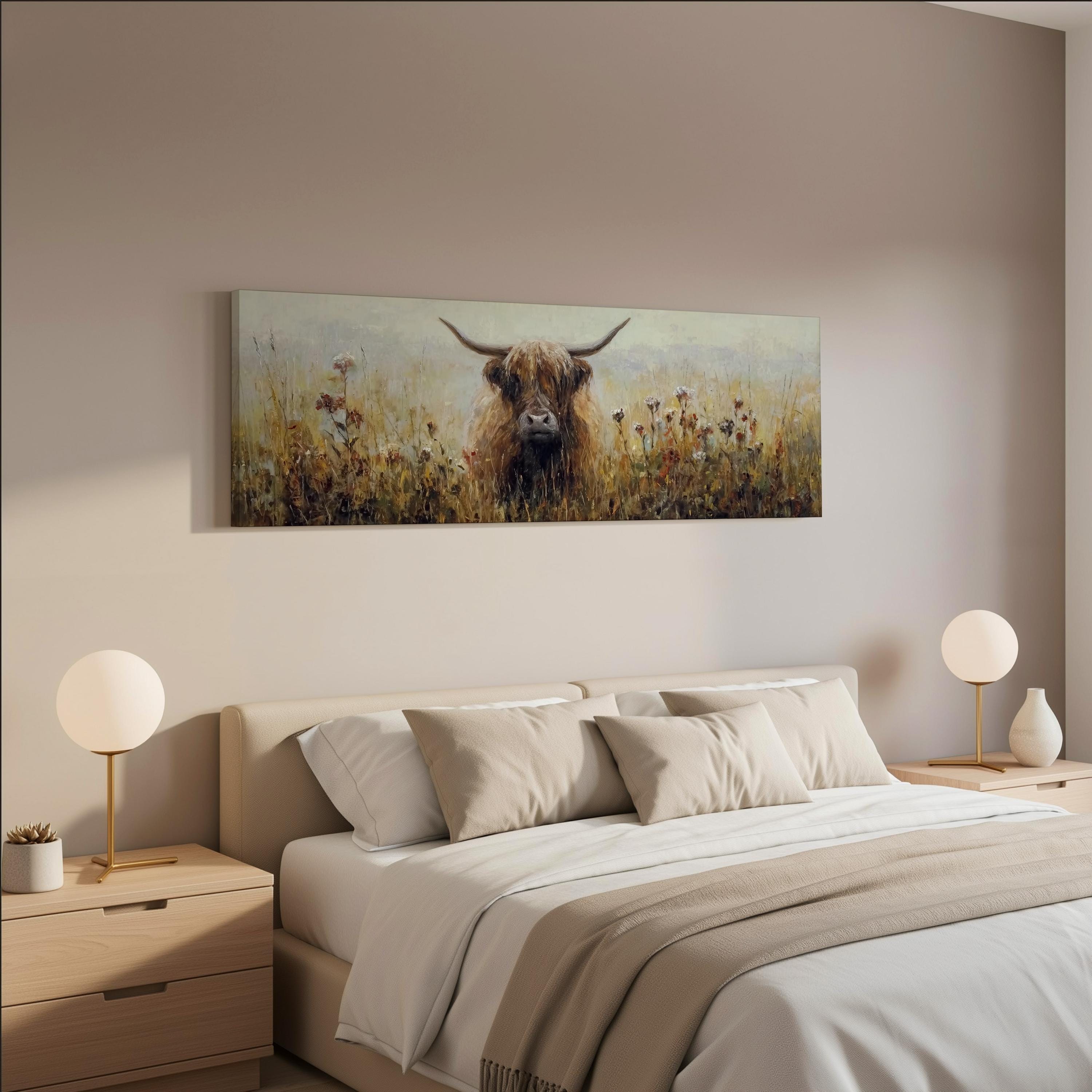 a bedroom with a large bed, two nightstands with lamps, and a painting of a Highland cow on the wall above the bed.