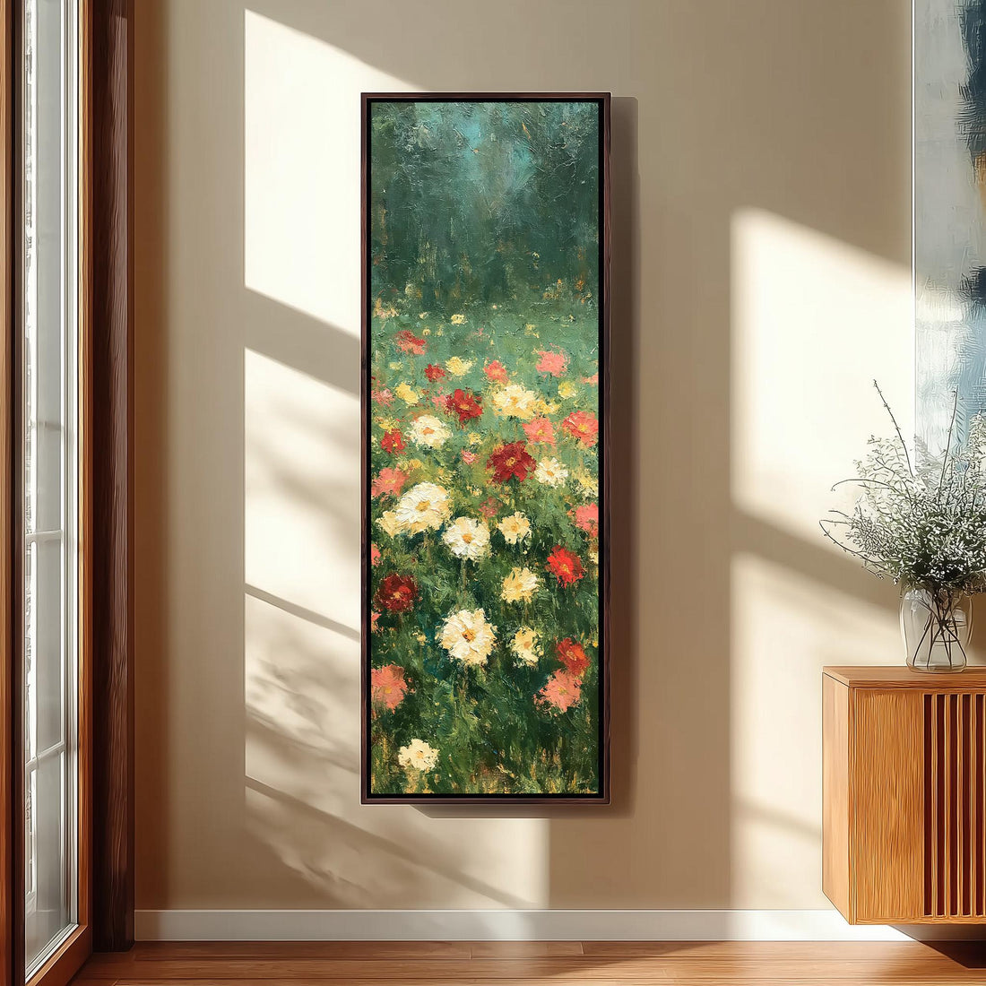 Wildflower garden meadow long vertical canvas print in a sunlit living space