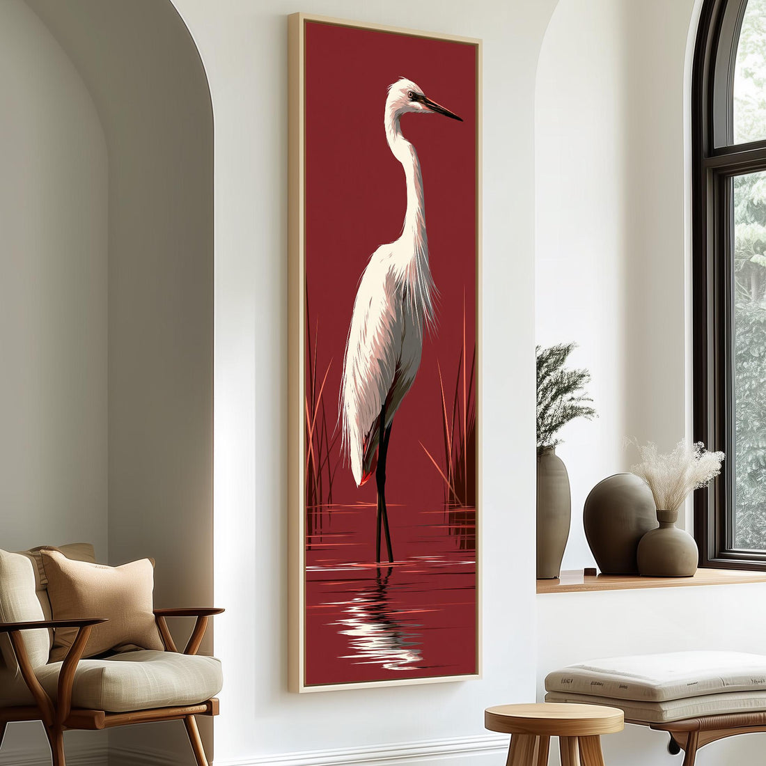 White egret wading on crimson red long vertical canvas print in a sunlit living space