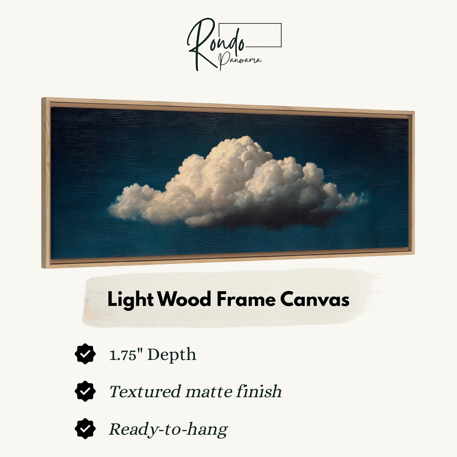 The image is a framed artwork depicting a large, fluffy cloud against a dark blue sky.