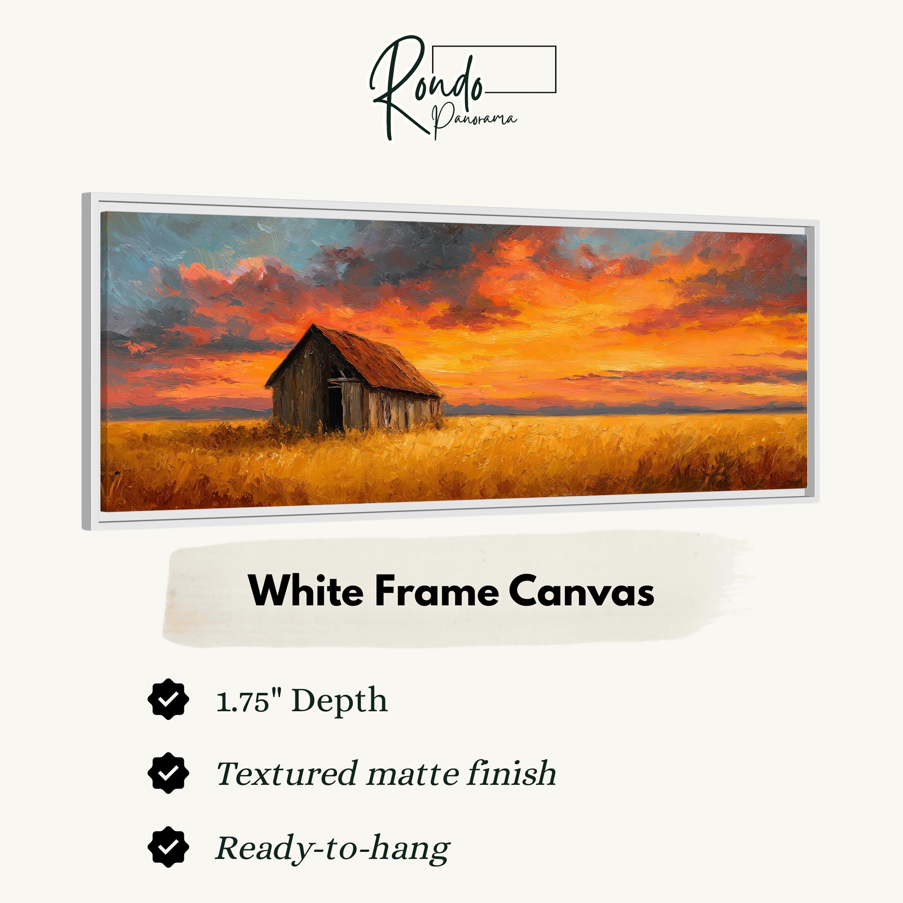 The image is a white frame canvas depicting a rural landscape with a barn and a field at sunset.