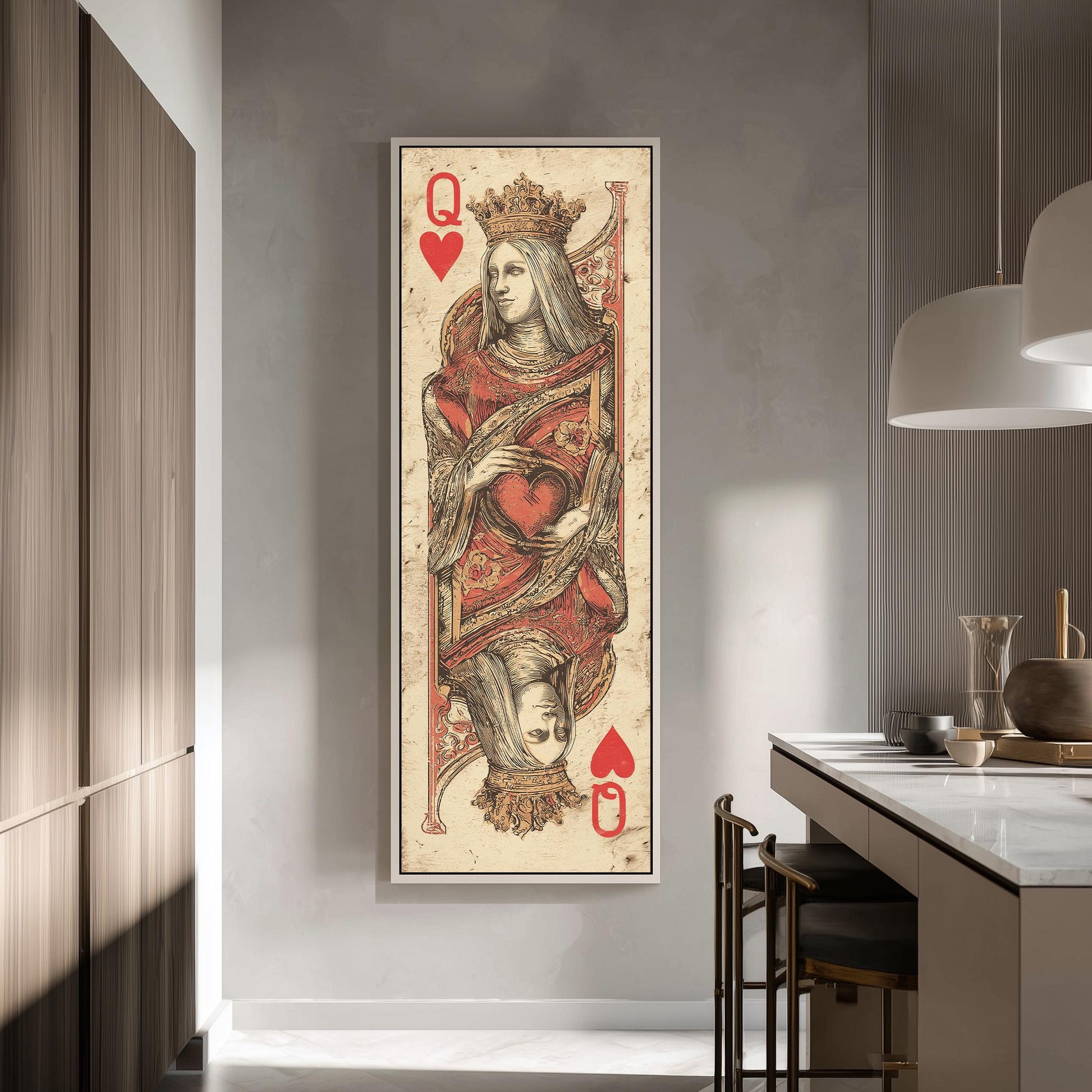 a large framed painting of a queen of spades playing card, hanging on a wall in a room with a kitchen counter and chairs in the background.