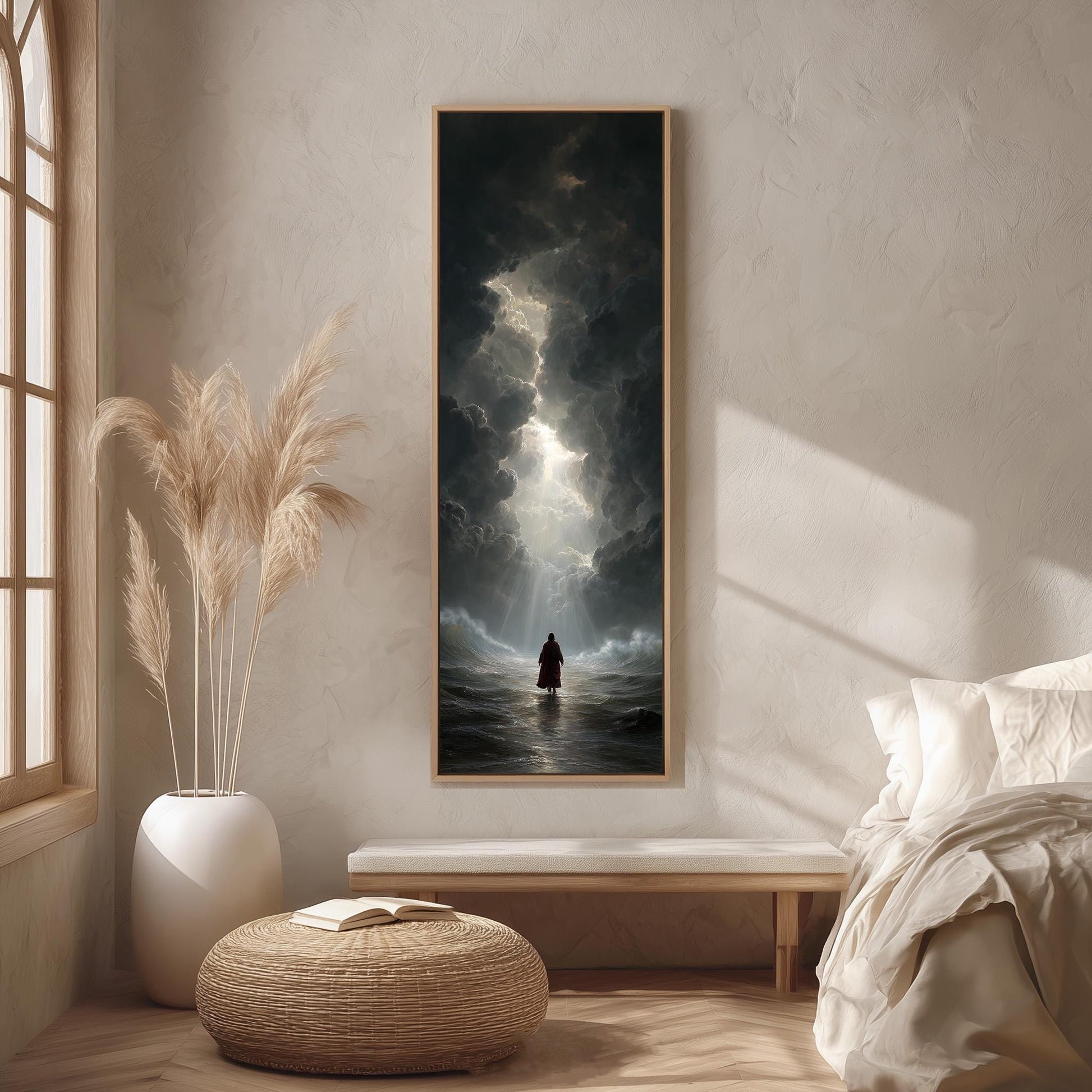 a serene bedroom scene with a large painting of a person standing on a beach, gazing out at the ocean under a dramatic sky.