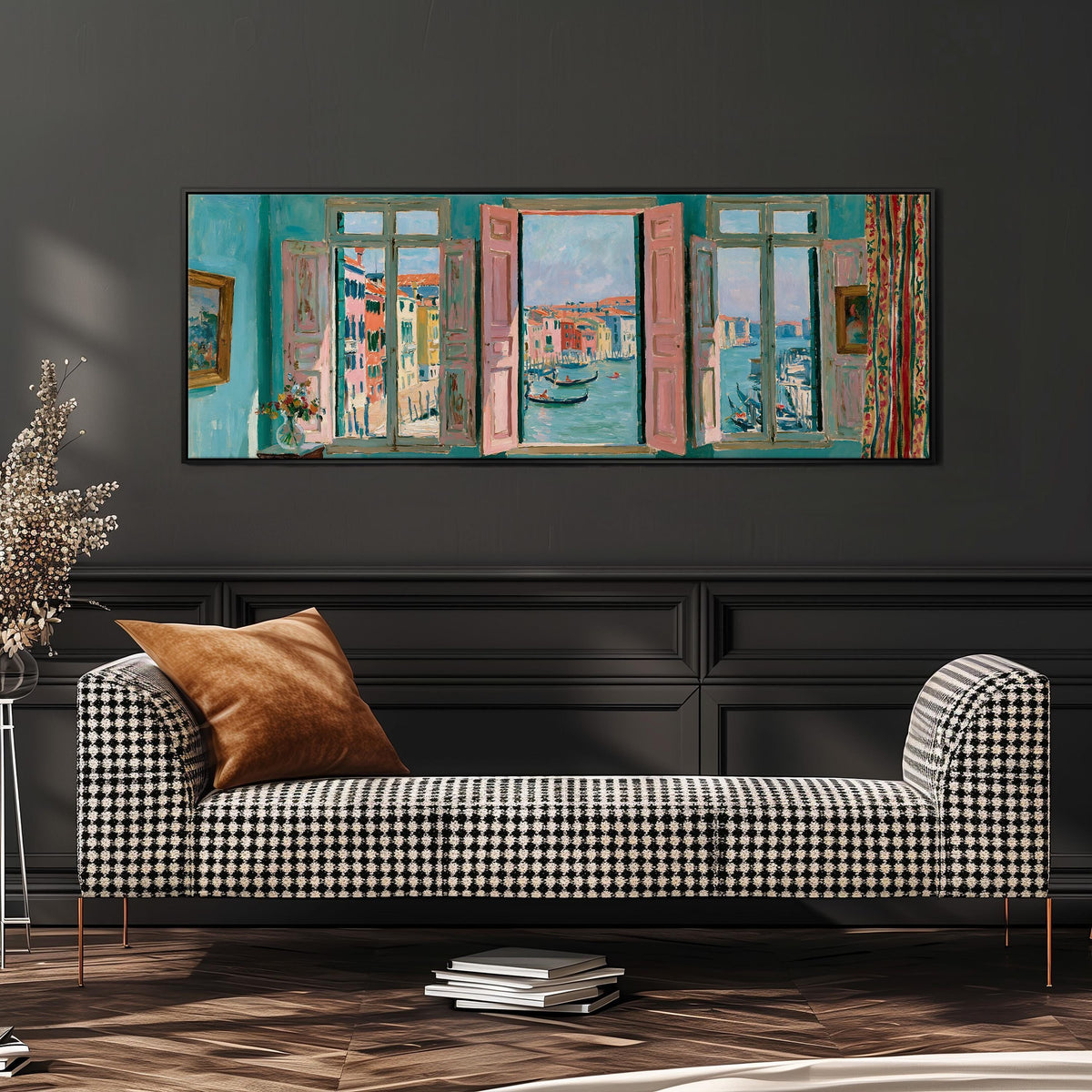 Venice canal and gondolas through a window wide panoramic canvas print above a bench in a dark living room