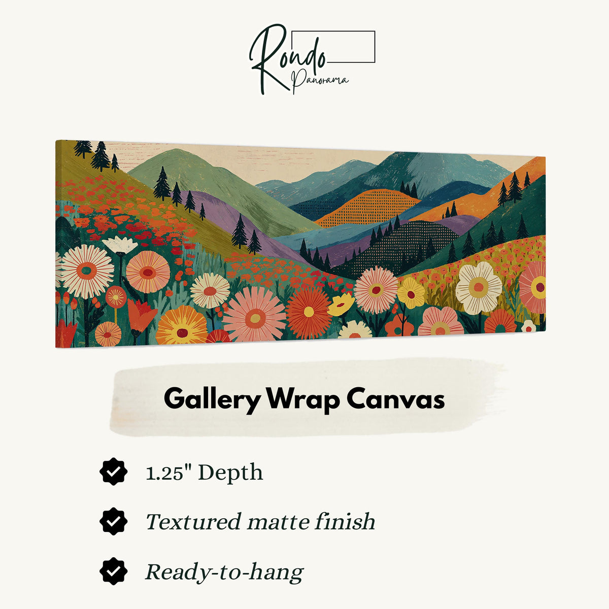 Wildflower valley below patterned mountains gallery wrap canvas with the image wrapped around the edges