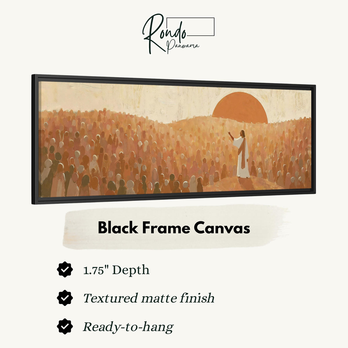 Jesus preaching to a crowd at sunset canvas print in a black floating frame