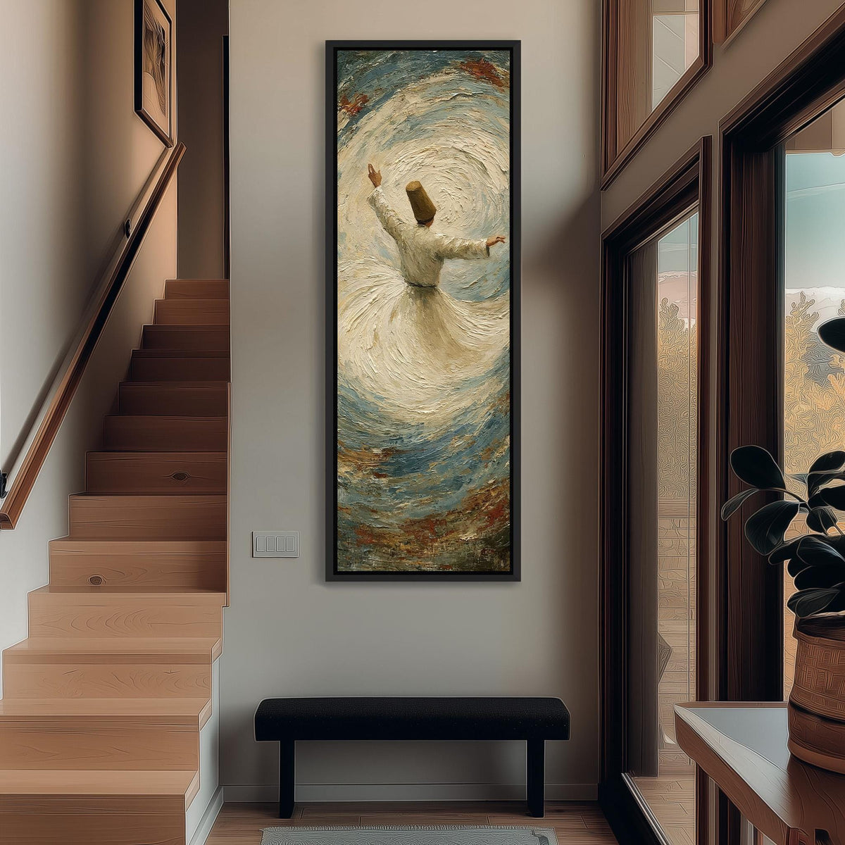 Whirling dervish tall narrow canvas print beside a staircase in an entryway