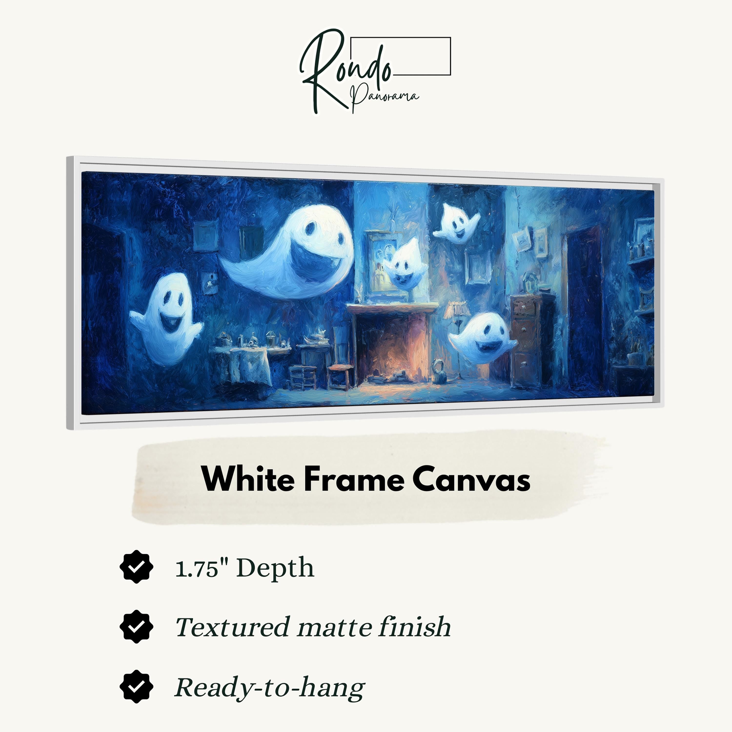 The image is a painting of a room with several ghostly figures floating around, and it is described as a white frame canvas.