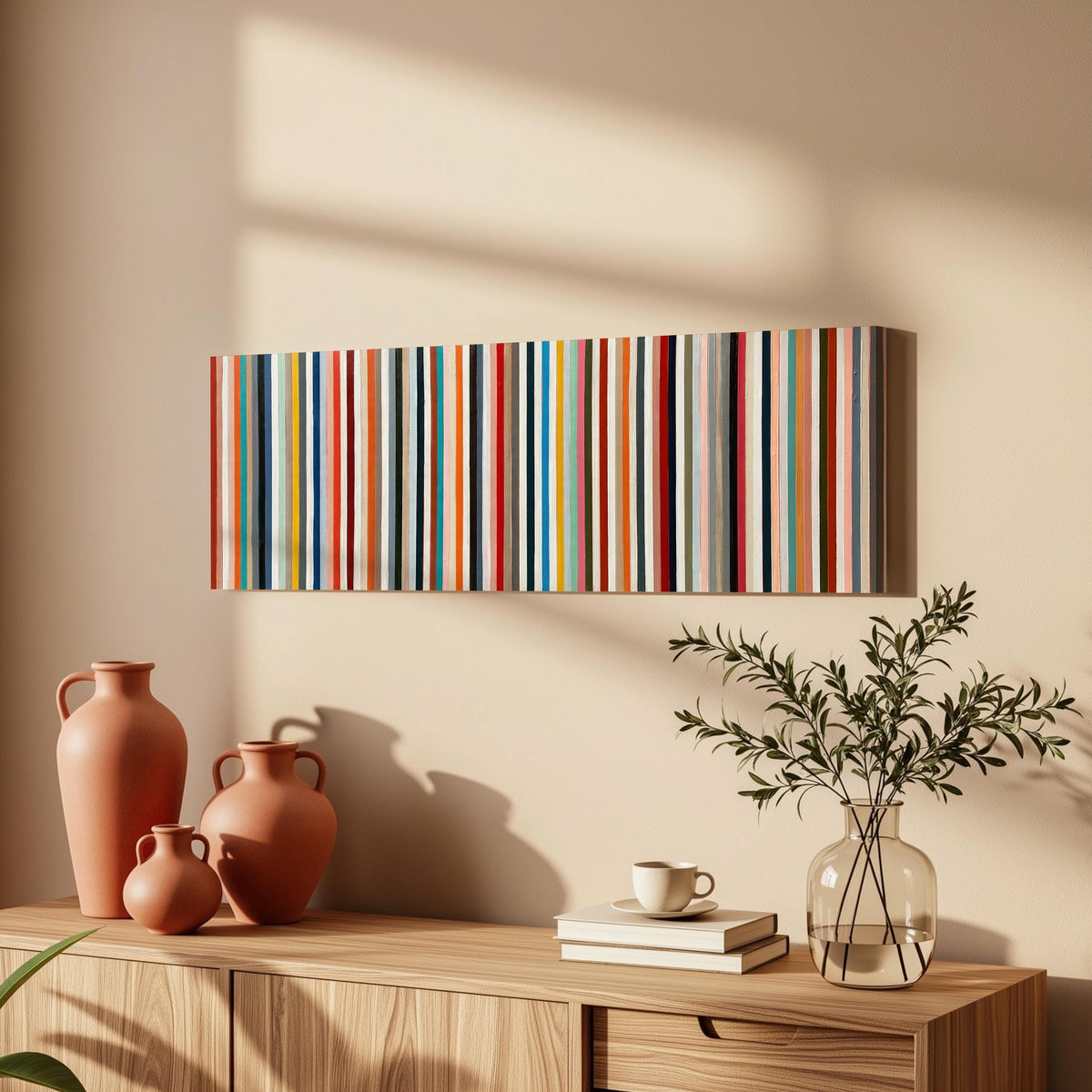 Rainbow pinstripes long horizontal canvas print above a wooden sideboard