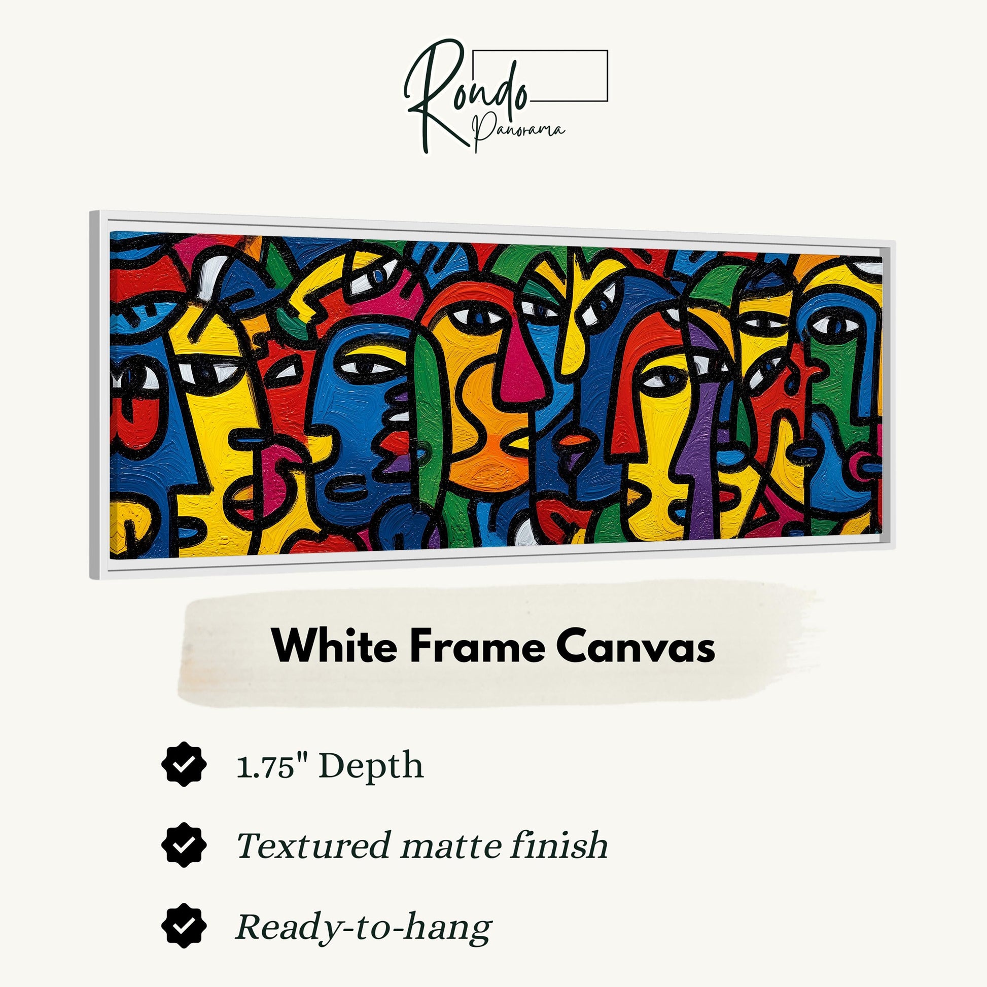 The image is a white frame canvas featuring a vibrant abstract painting of colorful faces.