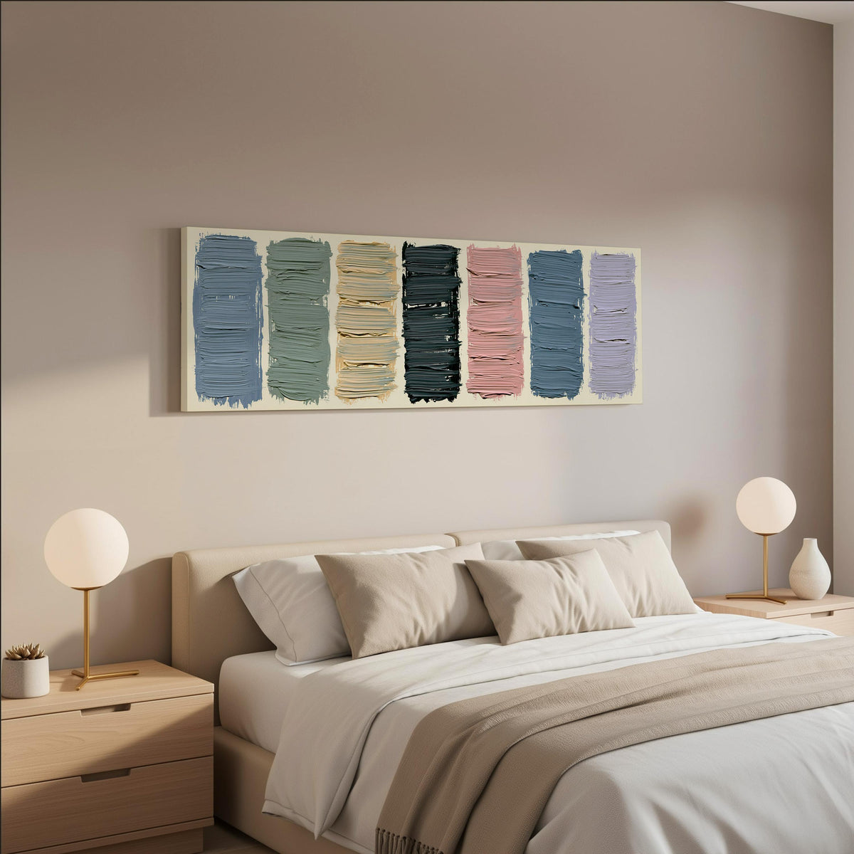 Pastel brushstroke color swatches wide panoramic canvas print above a bed in a neutral bedroom