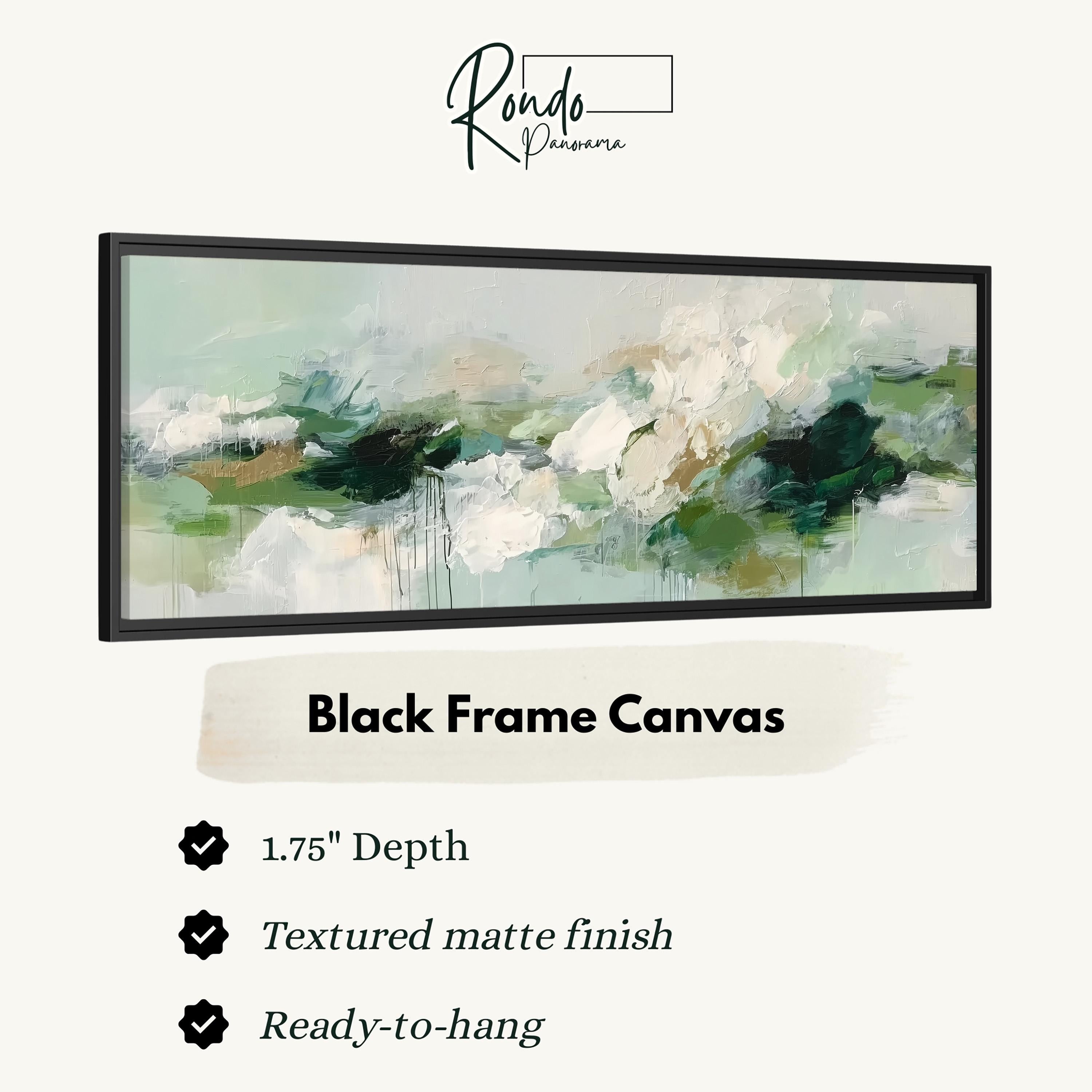 The image is a black frame canvas with a textured matte finish, measuring 1.75" in depth. It is ready to hang and has a textured matte finish.