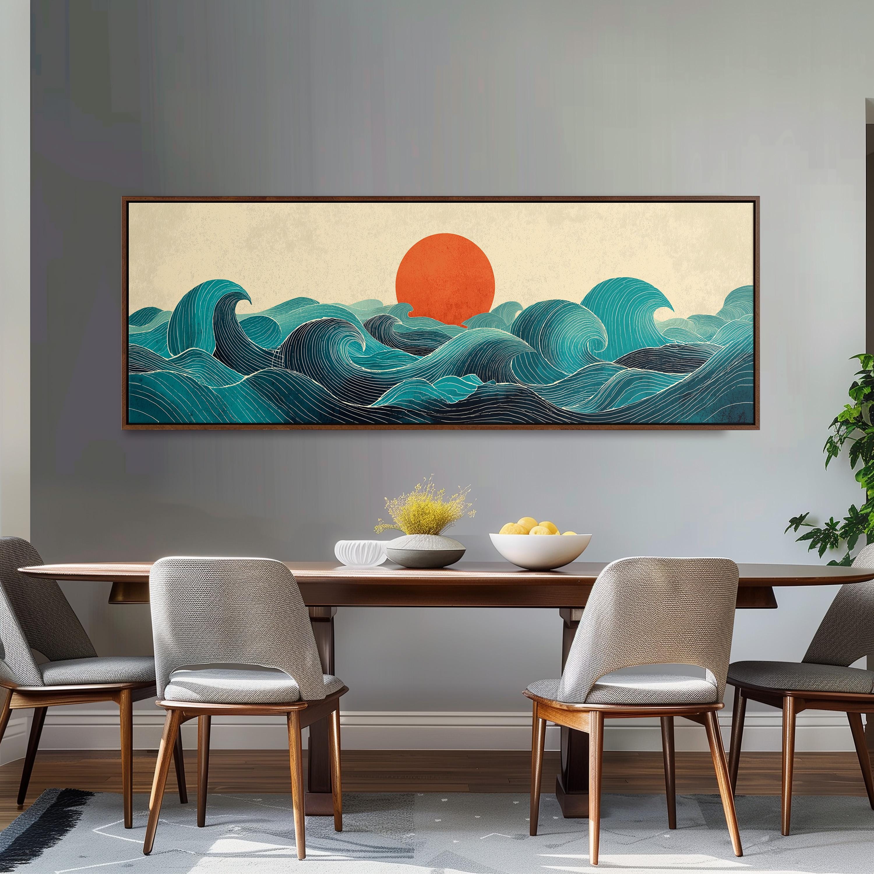 a large, colorful painting of a seascape with a sun in the background, hanging on a wall above a wooden dining table with four chairs.