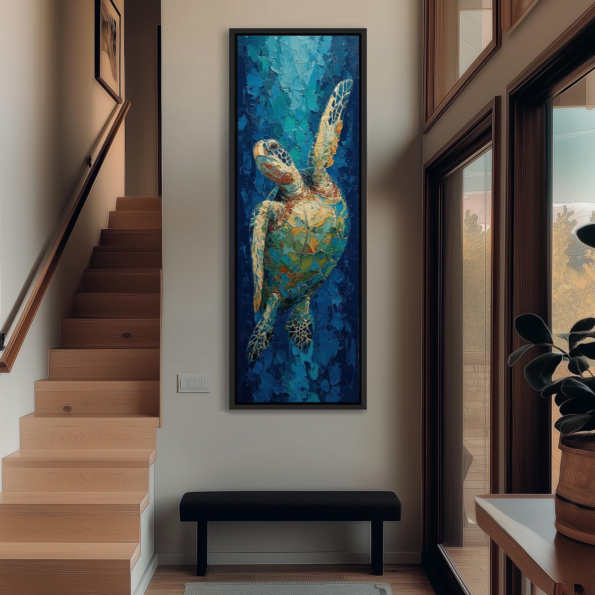 a large painting of a colorful sea turtle hanging on the wall of a hallway.