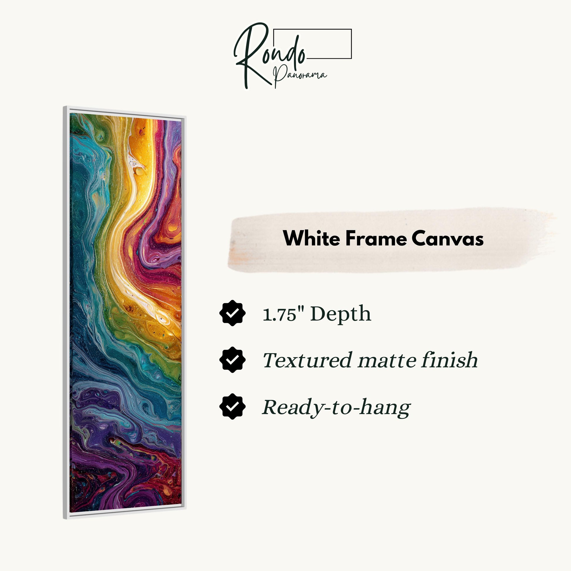 The image is a product advertisement for a white frame canvas. It features a vibrant abstract painting with swirls of various colors, including shades of blue, green, orange, and purple. The advertisement highlights the canvas's features, such as its 1.75" depth, textured matte finish, and the ability to hang it.