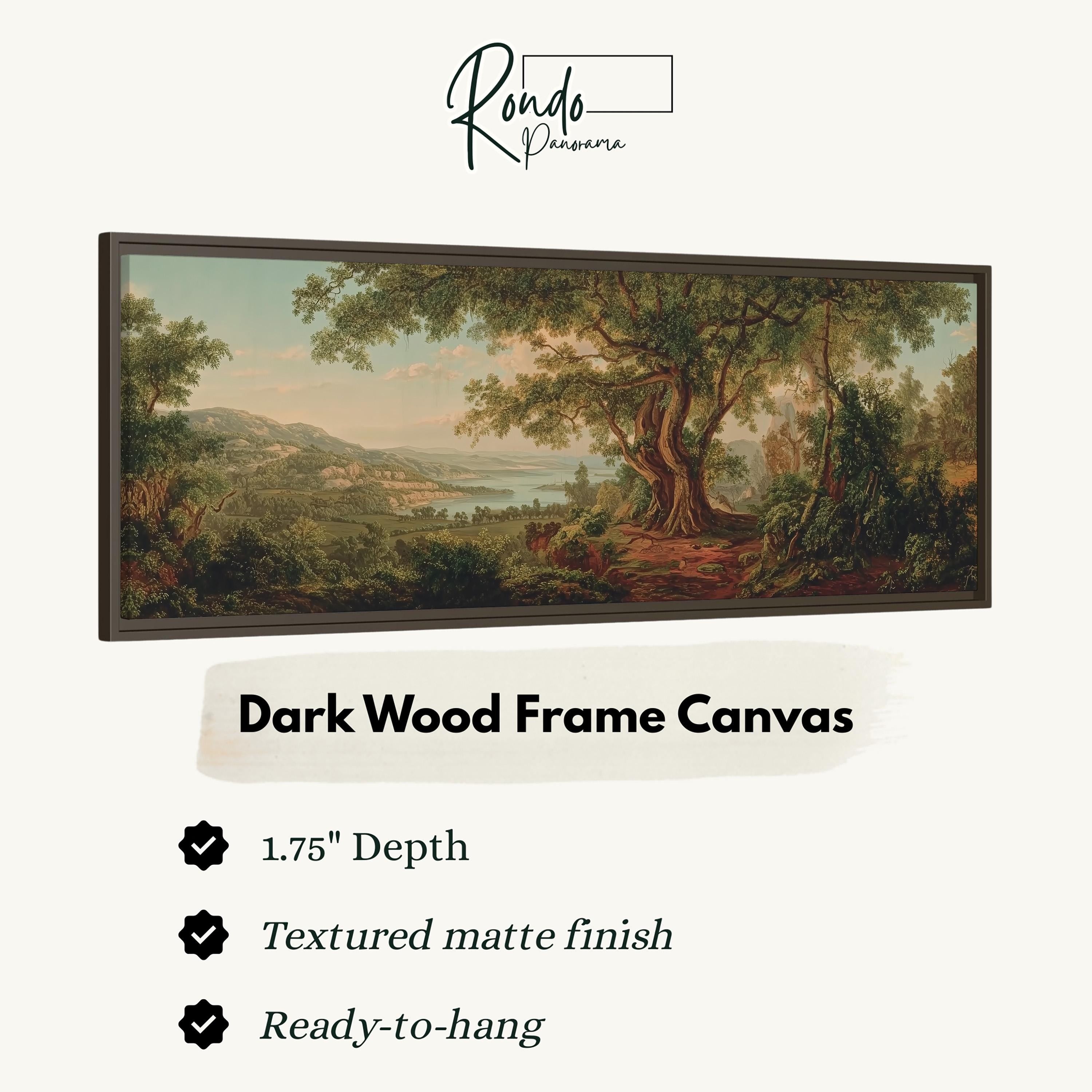 The image is a dark wood frame canvas depicting a landscape with a large tree in the foreground and a body of water in the background.