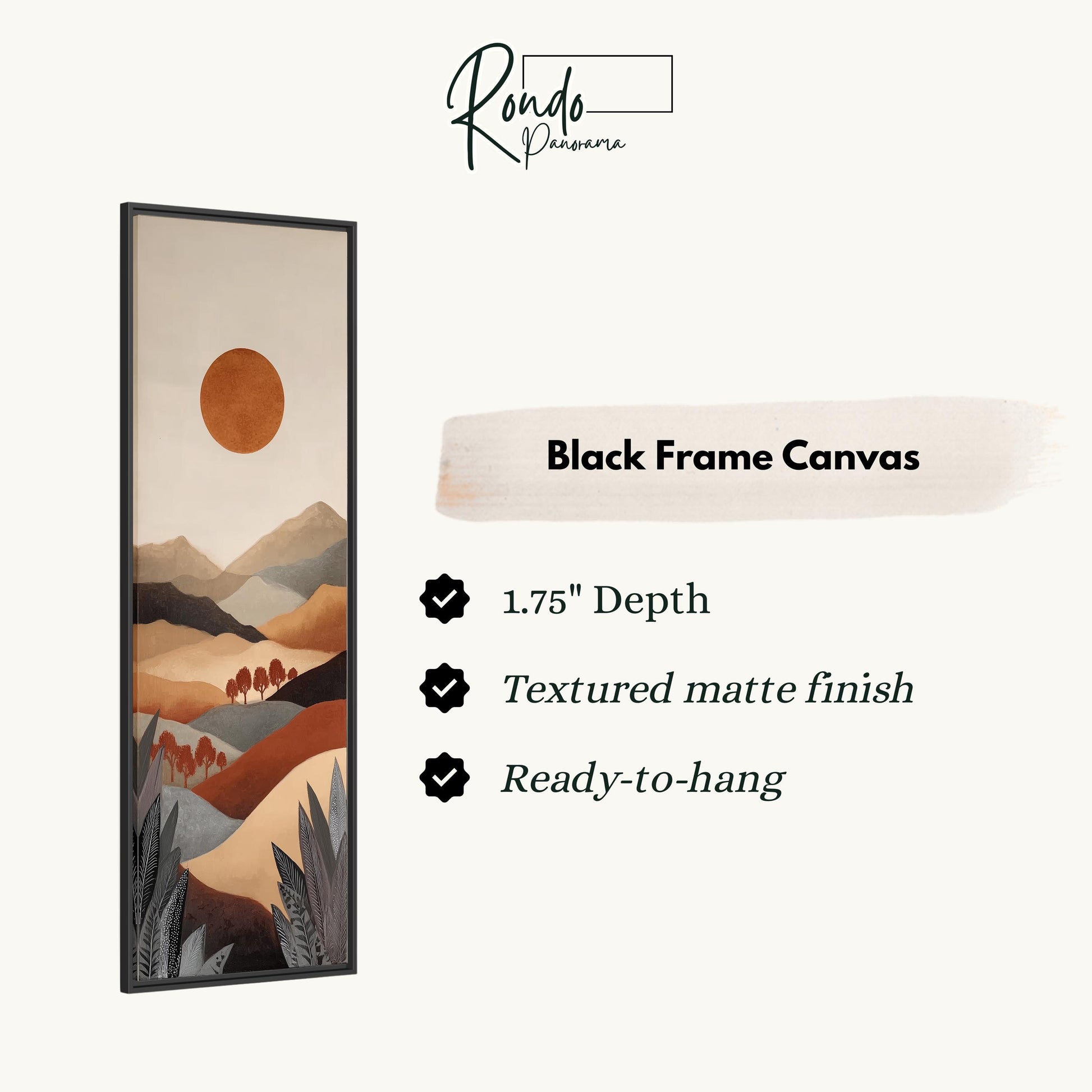 The image is a black frame canvas depicting a landscape with mountains, trees, and a sun.
