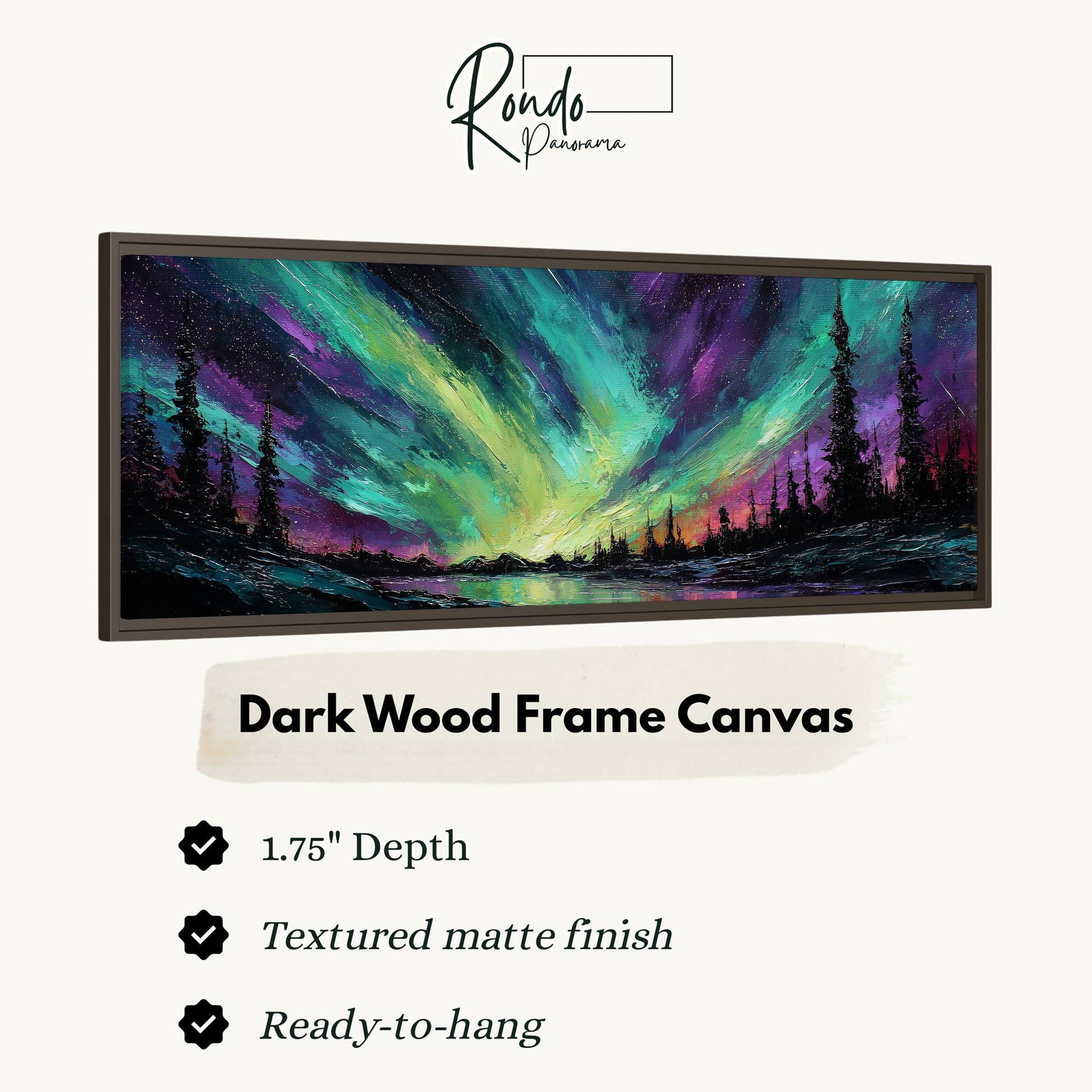 The image is a framed canvas depicting a night sky with a colorful display of the Aurora Borealis, or Northern Lights.