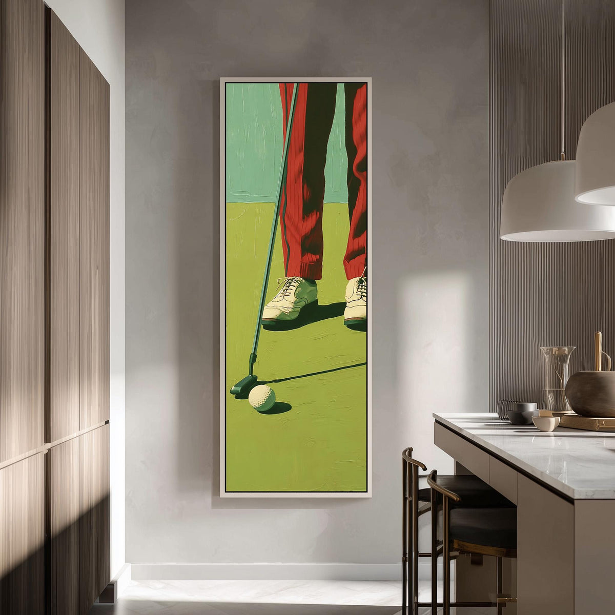 Golfer in red trousers lining up a putt tall skinny canvas print in a modern kitchen