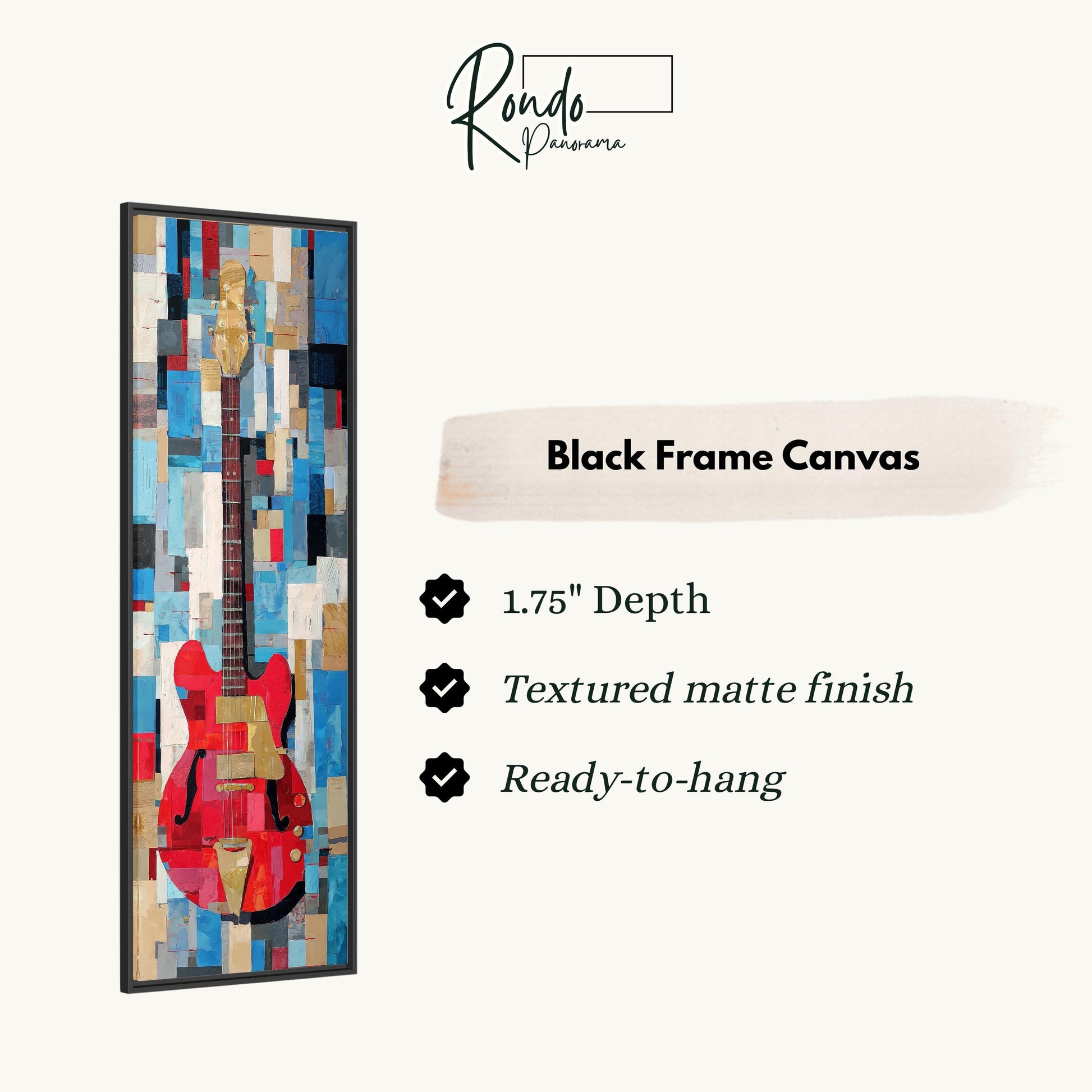 The image is a black frame canvas featuring a vibrant abstract painting of a red and black guitar. The canvas is described as having a 1.75" depth, a textured matte finish, and is ready to hang.