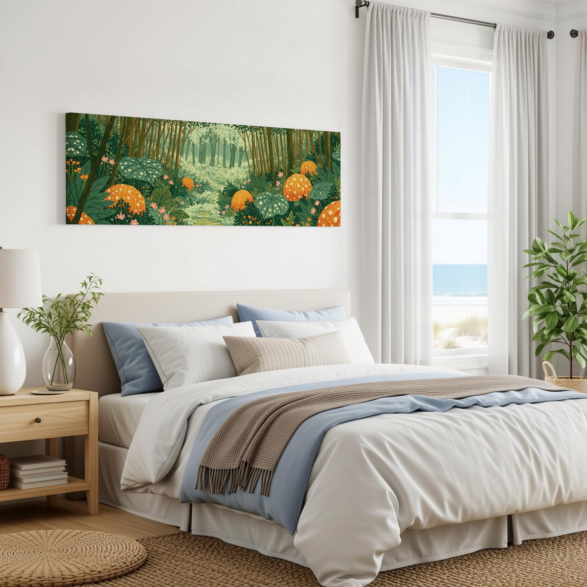 Amber mushroom forest panoramic canvas print above a bed in a coastal bedroom