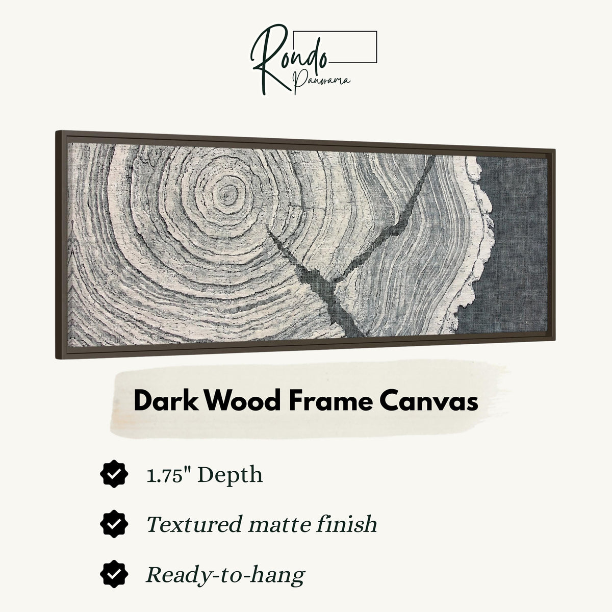 Grey tree ring on linen texture canvas print in a dark wood floating frame