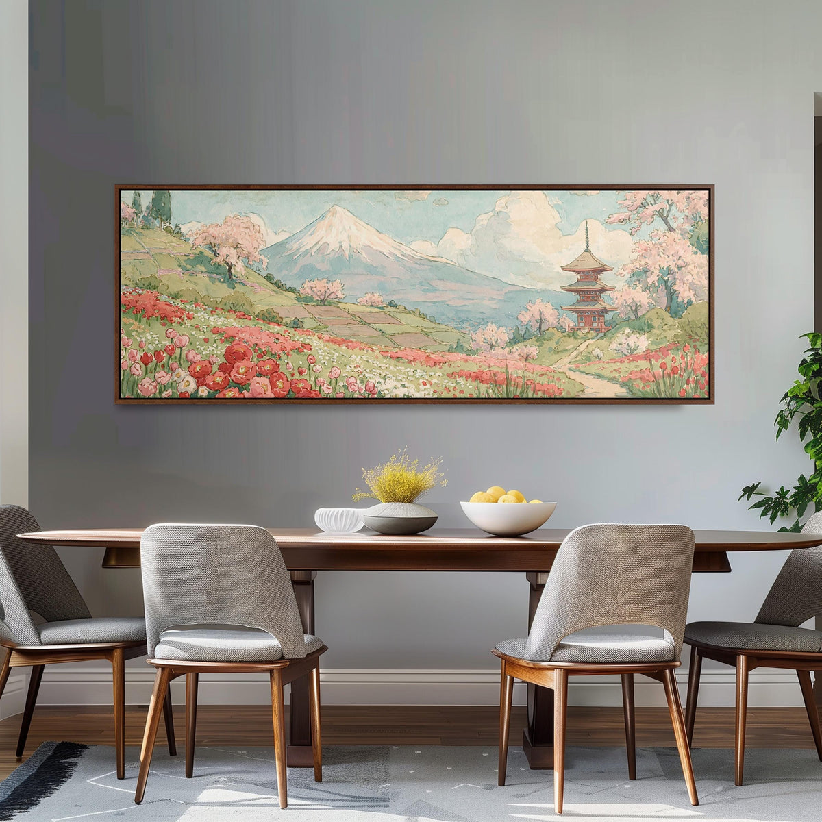 Mount Fuji with sakura and a pagoda long horizontal canvas print above a dining table