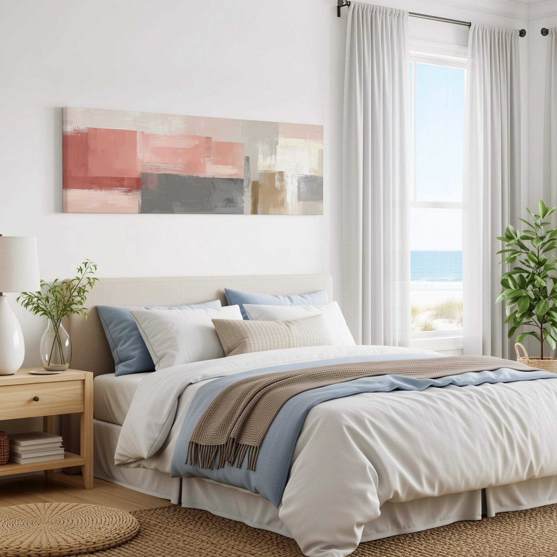 a serene and modern bedroom with a large bed, a nightstand, and a painting on the wall. The room has a neutral color palette with white walls, a beige headboard, and a large window that offers a view of the ocean. The bed is adorned with a gray and white blanket, and there are two throw pillows on the bed. The room also features a potted plant and a woven rug, adding to the overall aesthetic and comfort of the space.