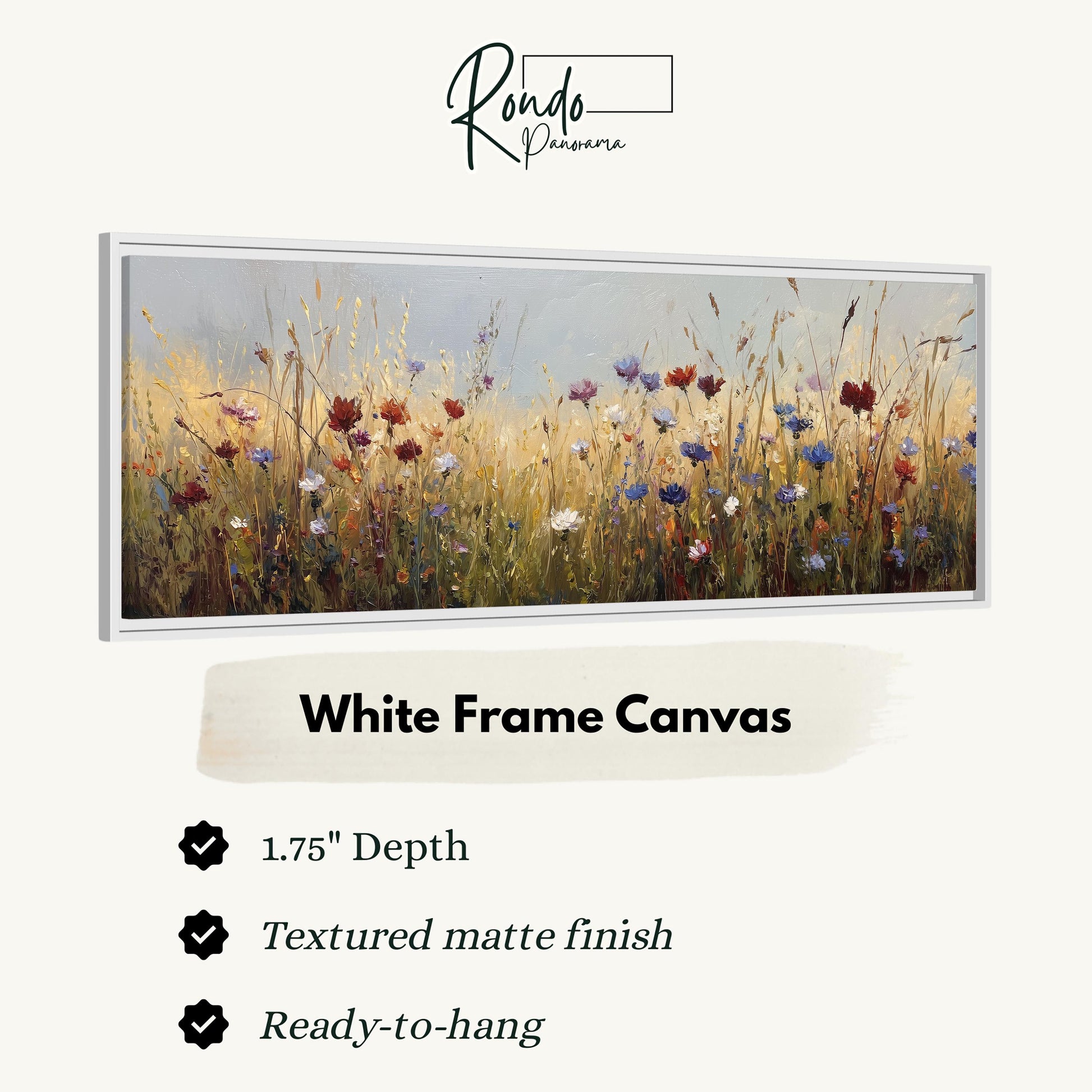 The image is a white frame canvas depicting a field of colorful wildflowers.