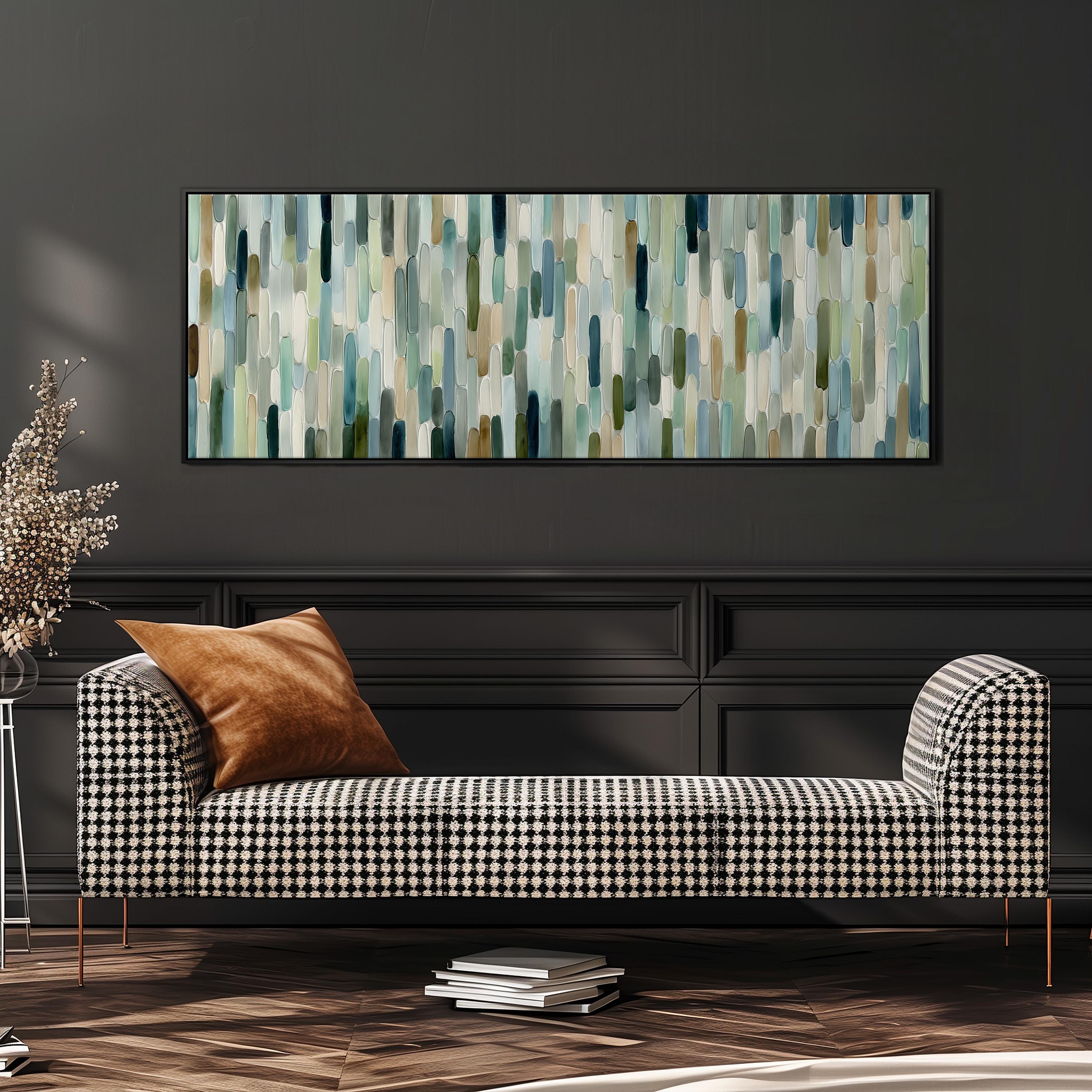 a modern living room with a black and white checkered sofa, a large abstract painting on the wall, and a stack of books on the floor.