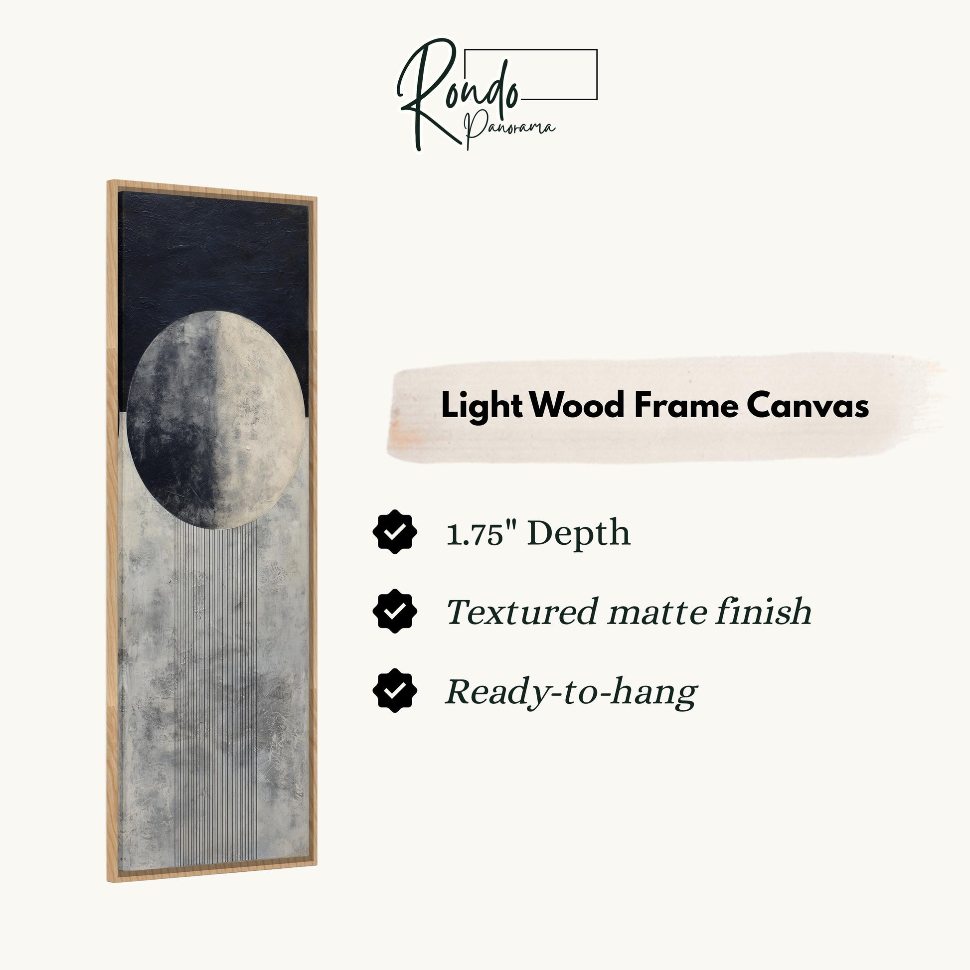 The image is a product description for a light wood frame canvas. It features a black and white abstract painting of a circle and a line, with a description of the product's features and dimensions.