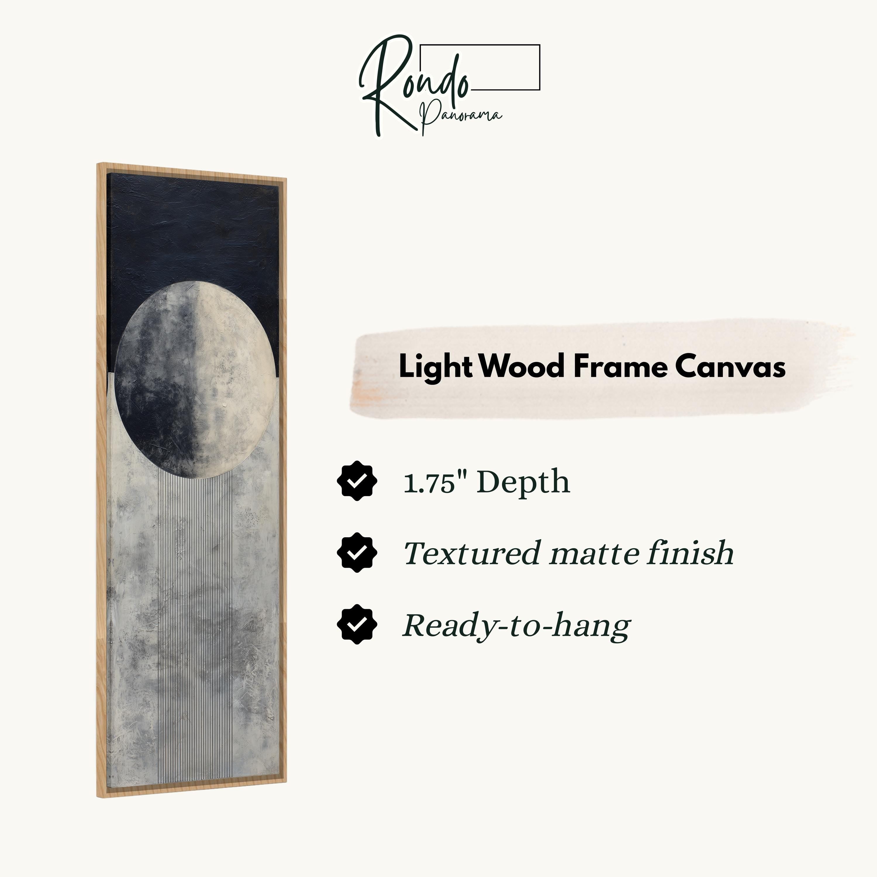 The image is a product description for a light wood frame canvas. It features a black and white abstract painting of a circle and a line, with a description of the product's features and dimensions.