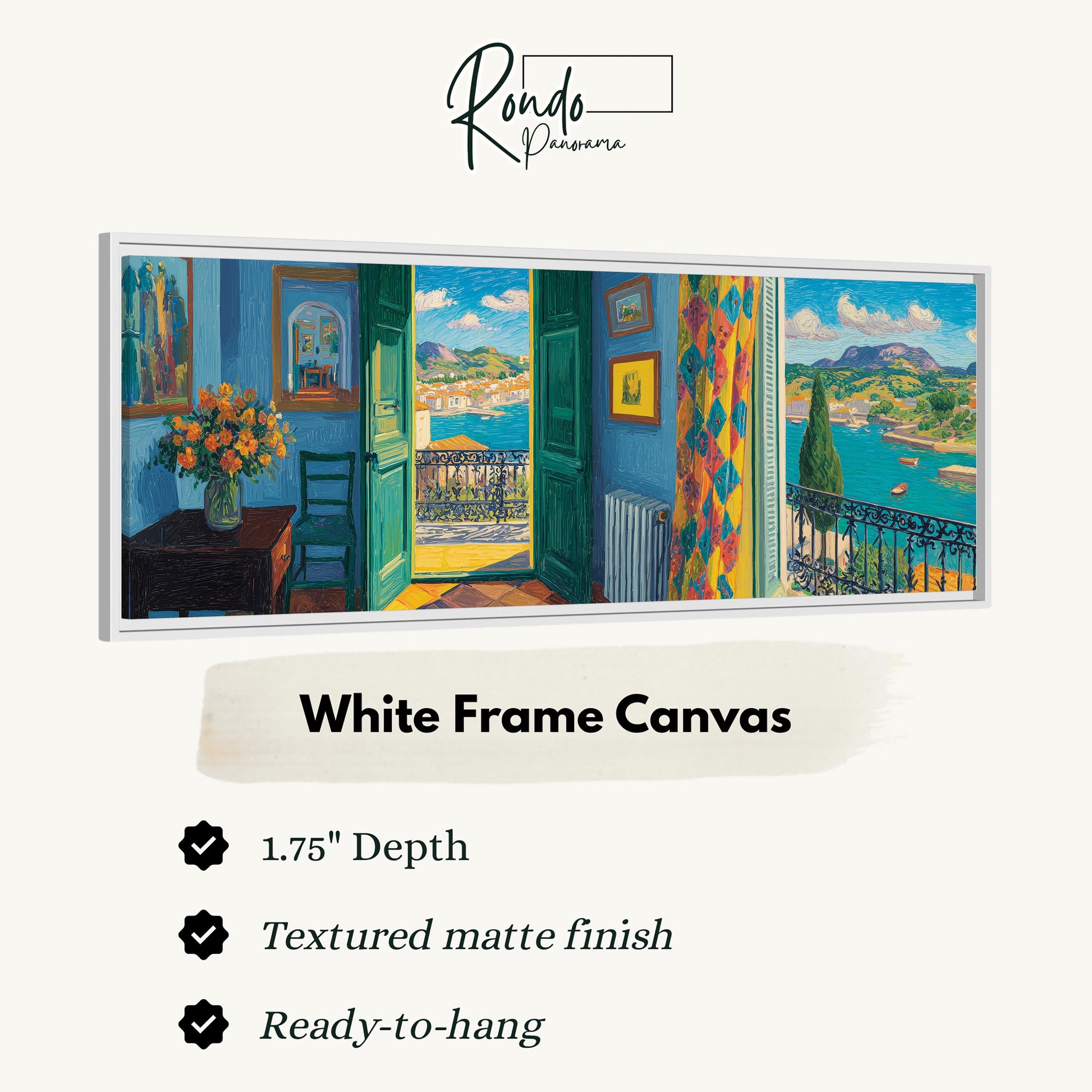 The image is a white frame canvas depicting a colorful and vibrant interior with a view of a coastal town through a window.