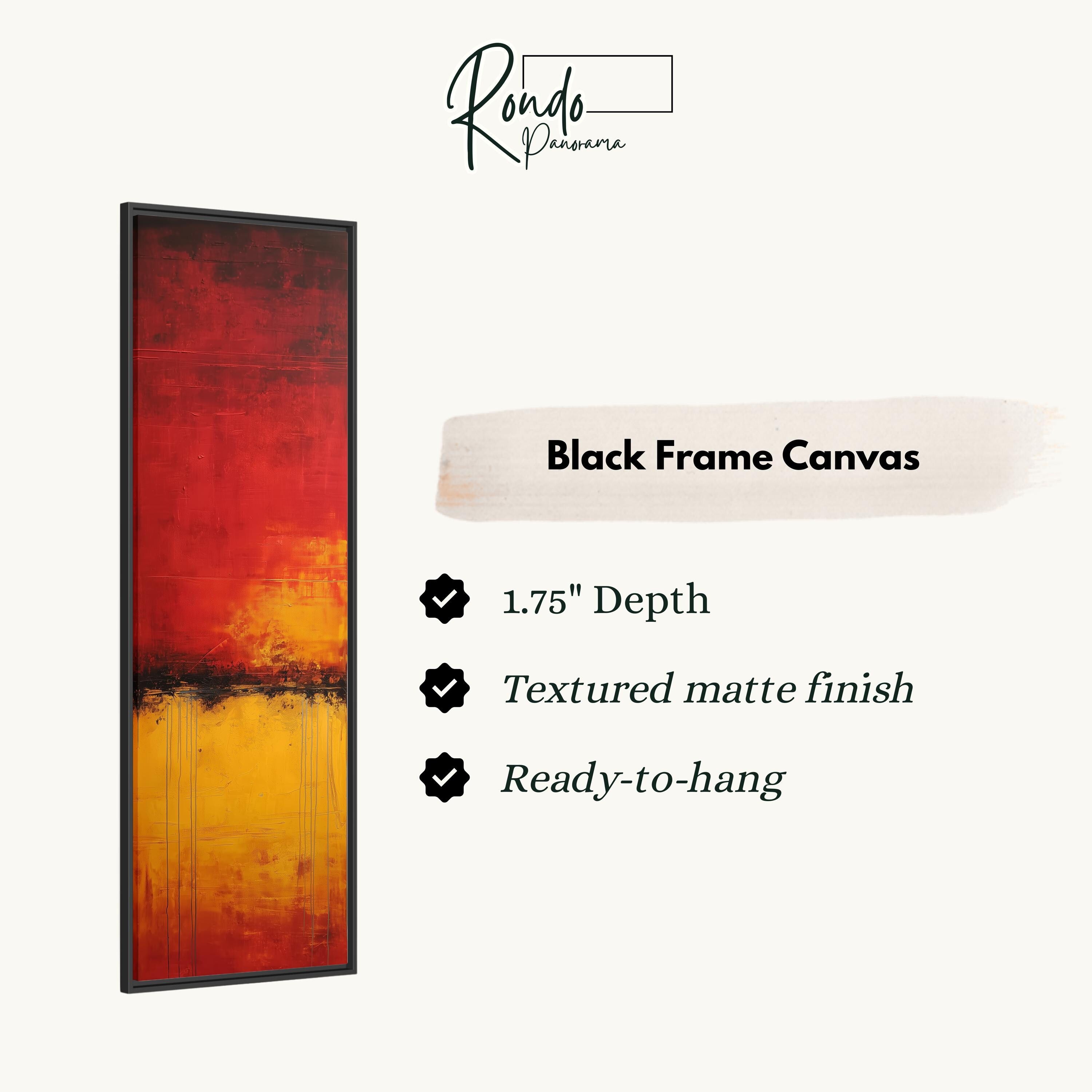 The image is a product description for a black frame canvas. It features a vertical painting with a red and yellow abstract design. The product has a 1.75" depth, a textured matte finish, and is ready to hang.