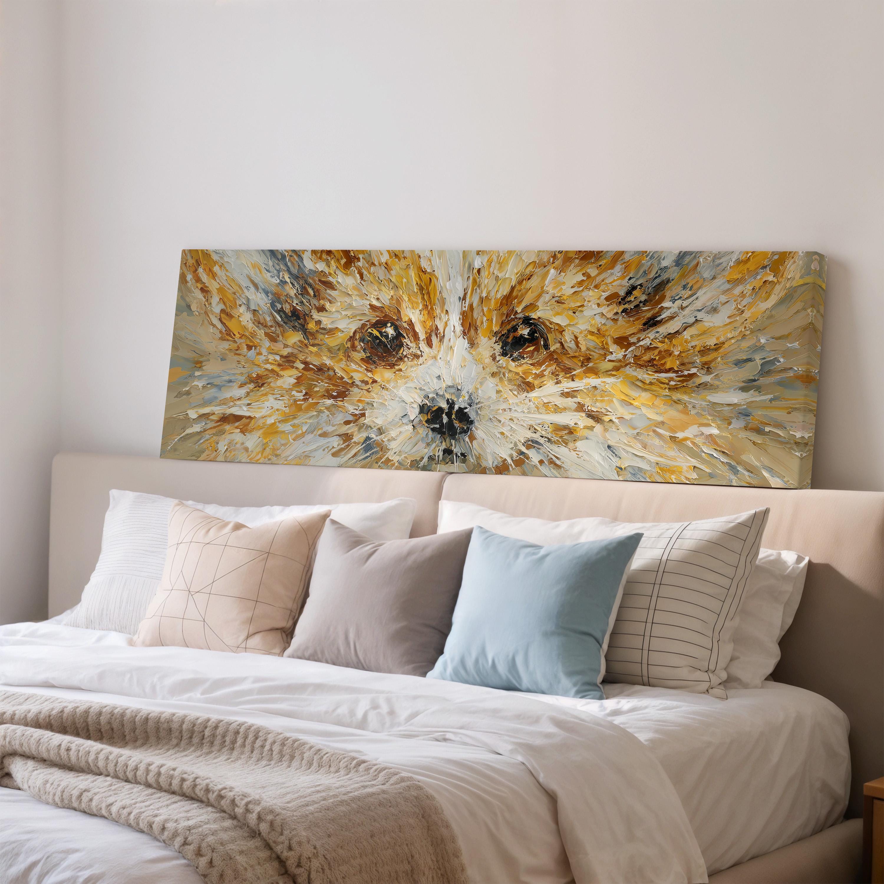 a large painting of a dog's face on the wall above a bed with white bedding and pillows.