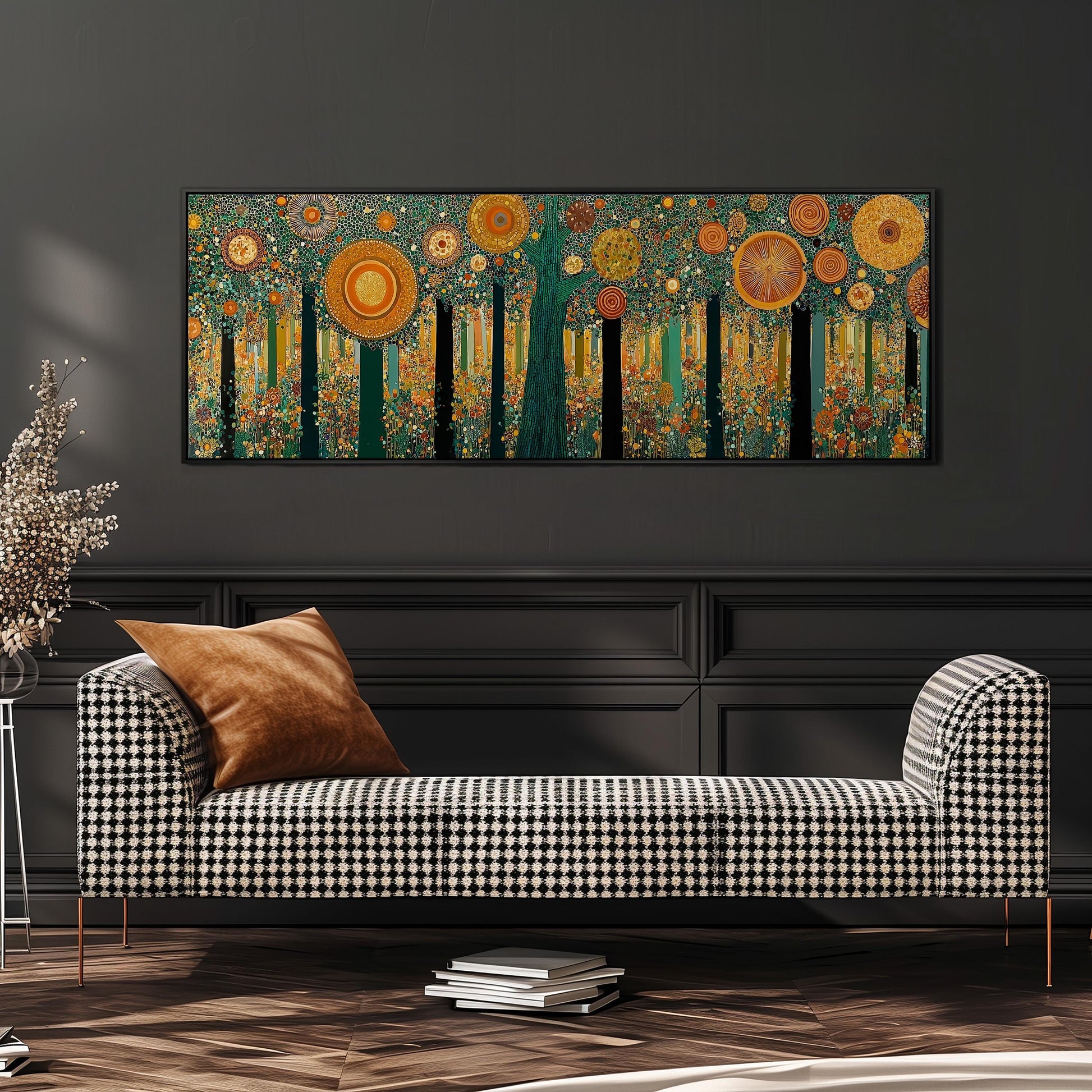 a large, colorful painting of a forest scene hanging on a wall above a black and white checkered sofa.