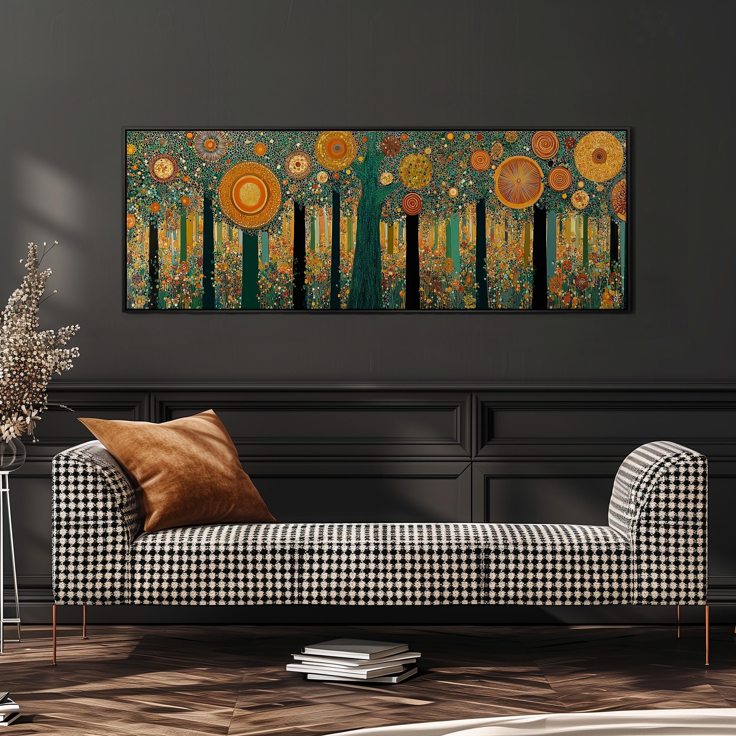 a large, colorful painting of a forest scene hanging on a wall above a black and white checkered sofa.