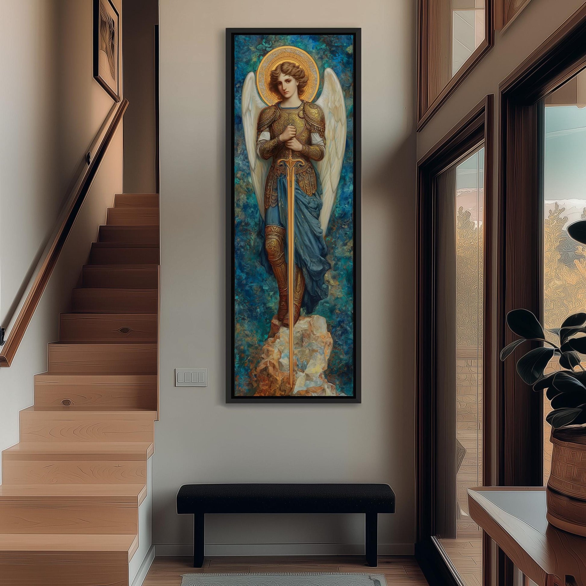 a large painting of a woman with wings, standing in a room with a wooden staircase and a bench.