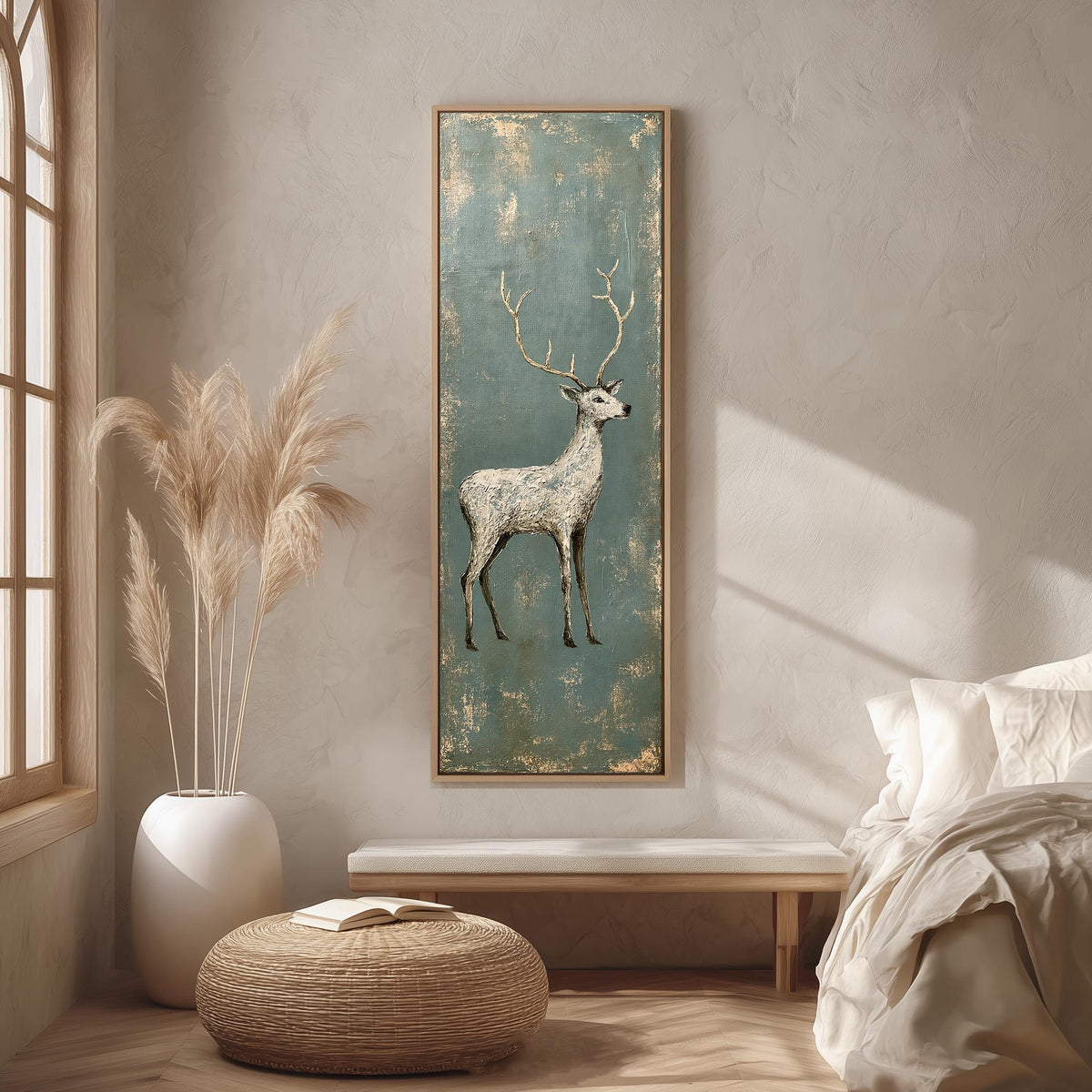 Pale stag with gold antlers on distressed teal long vertical canvas print in a bright reading corner