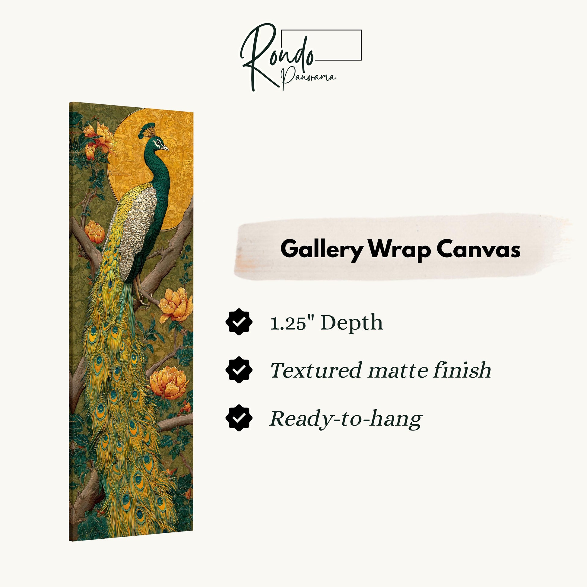 The image is a gallery wrap canvas featuring a vibrant peacock with a detailed and realistic depiction of its feathers and natural surroundings.