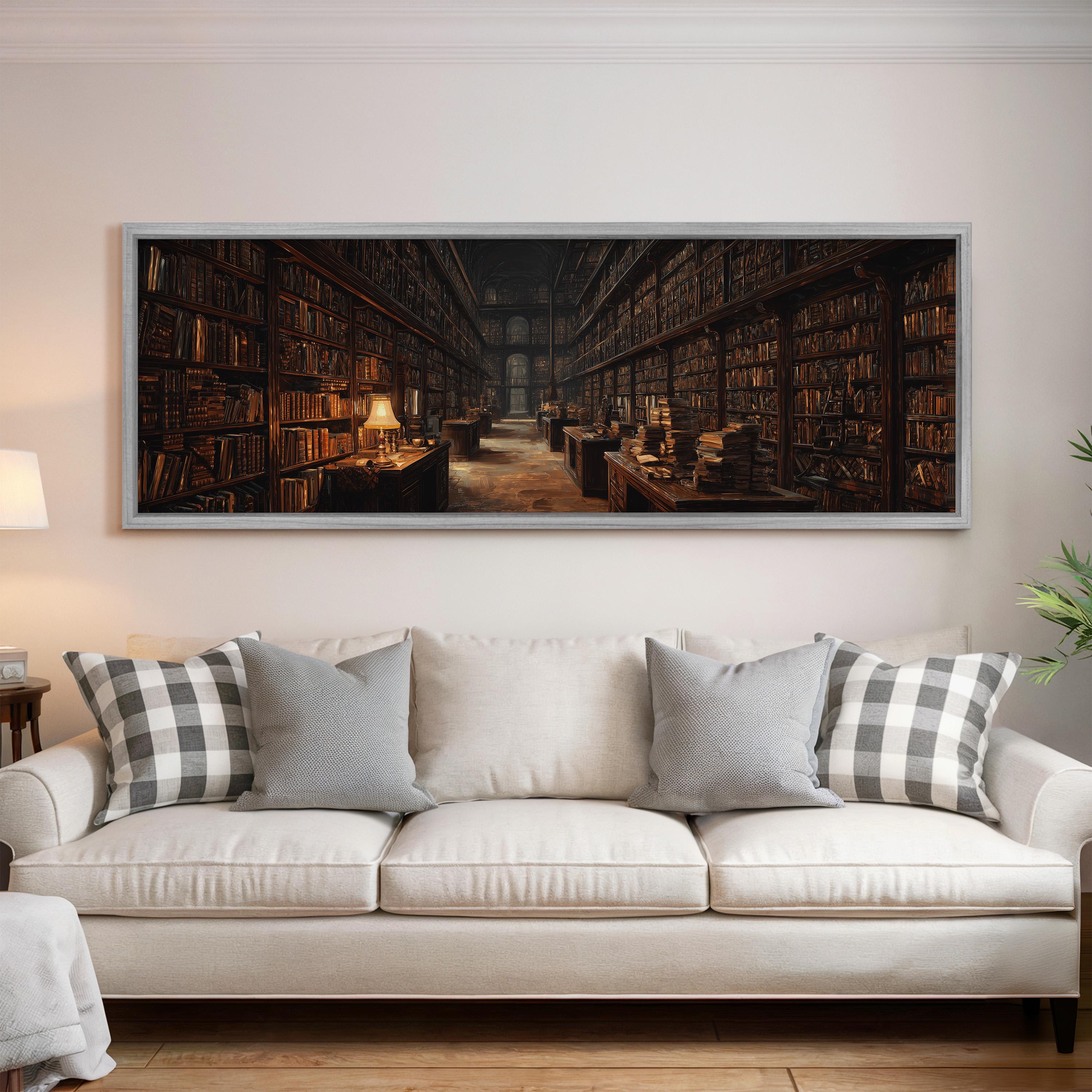 a large, framed painting of a library scene hanging on a wall above a white sofa with patterned throw pillows.