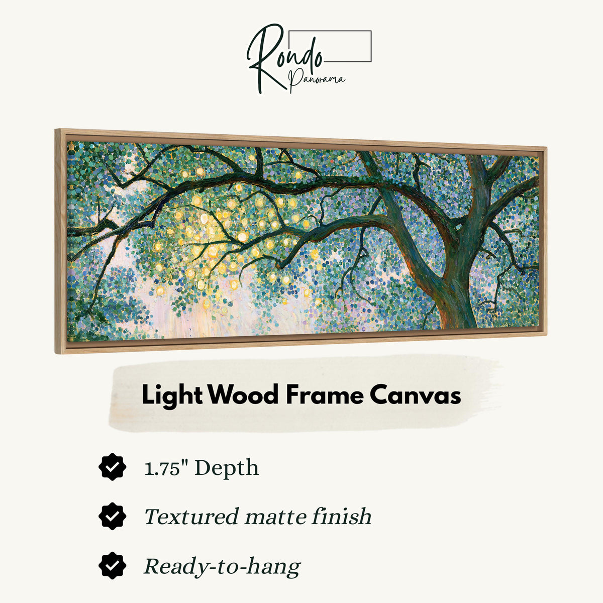 Tree canopy with golden light canvas print in a light wood floating frame
