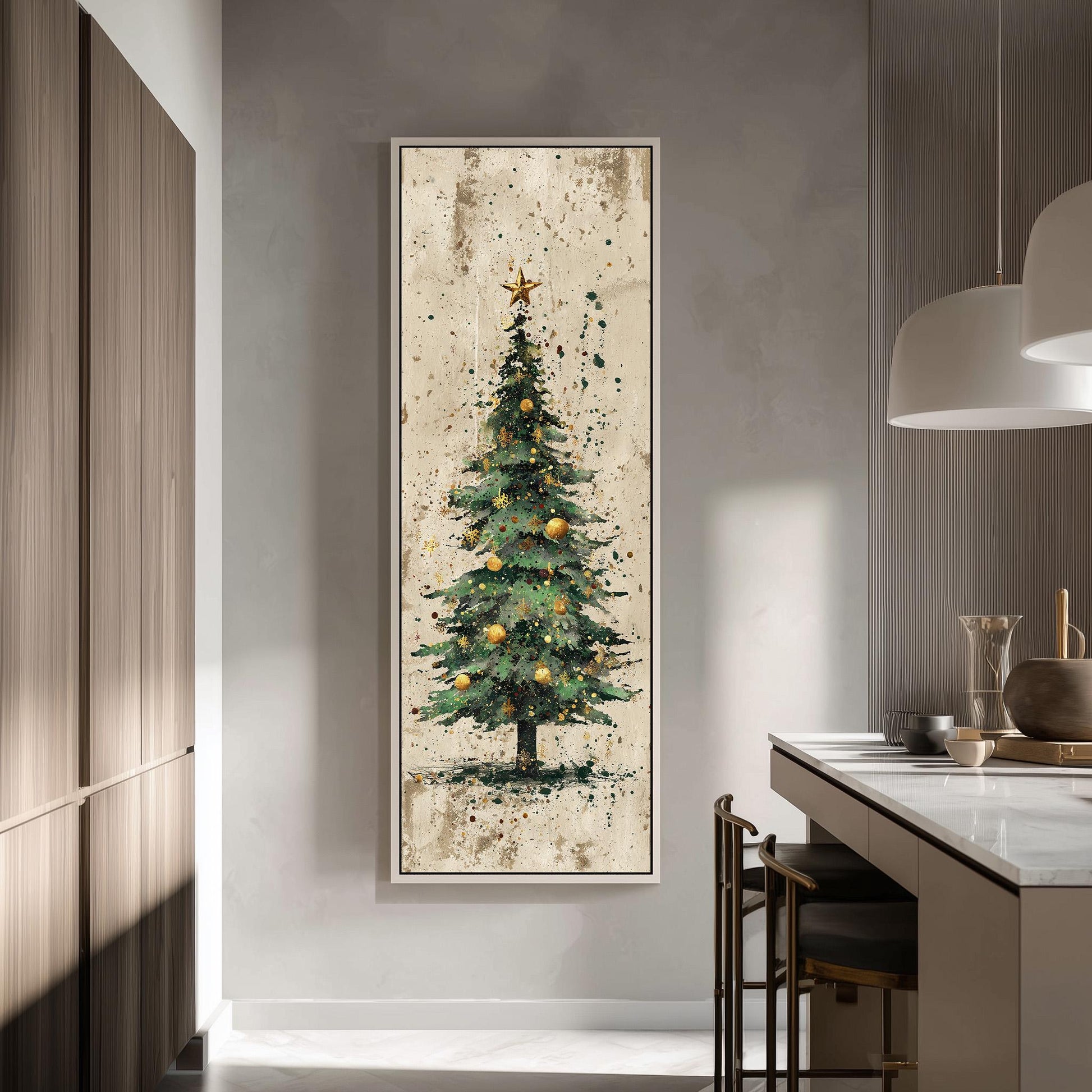 a large framed painting of a Christmas tree hanging on a wall in a modern kitchen.