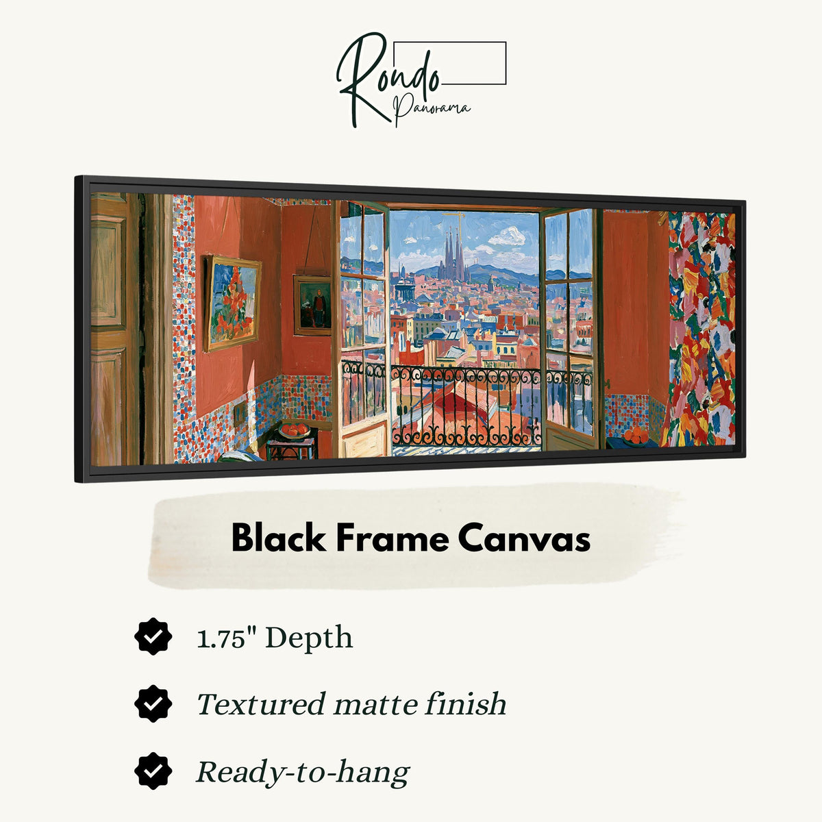 Barcelona seen through an open window canvas print in a black floating frame