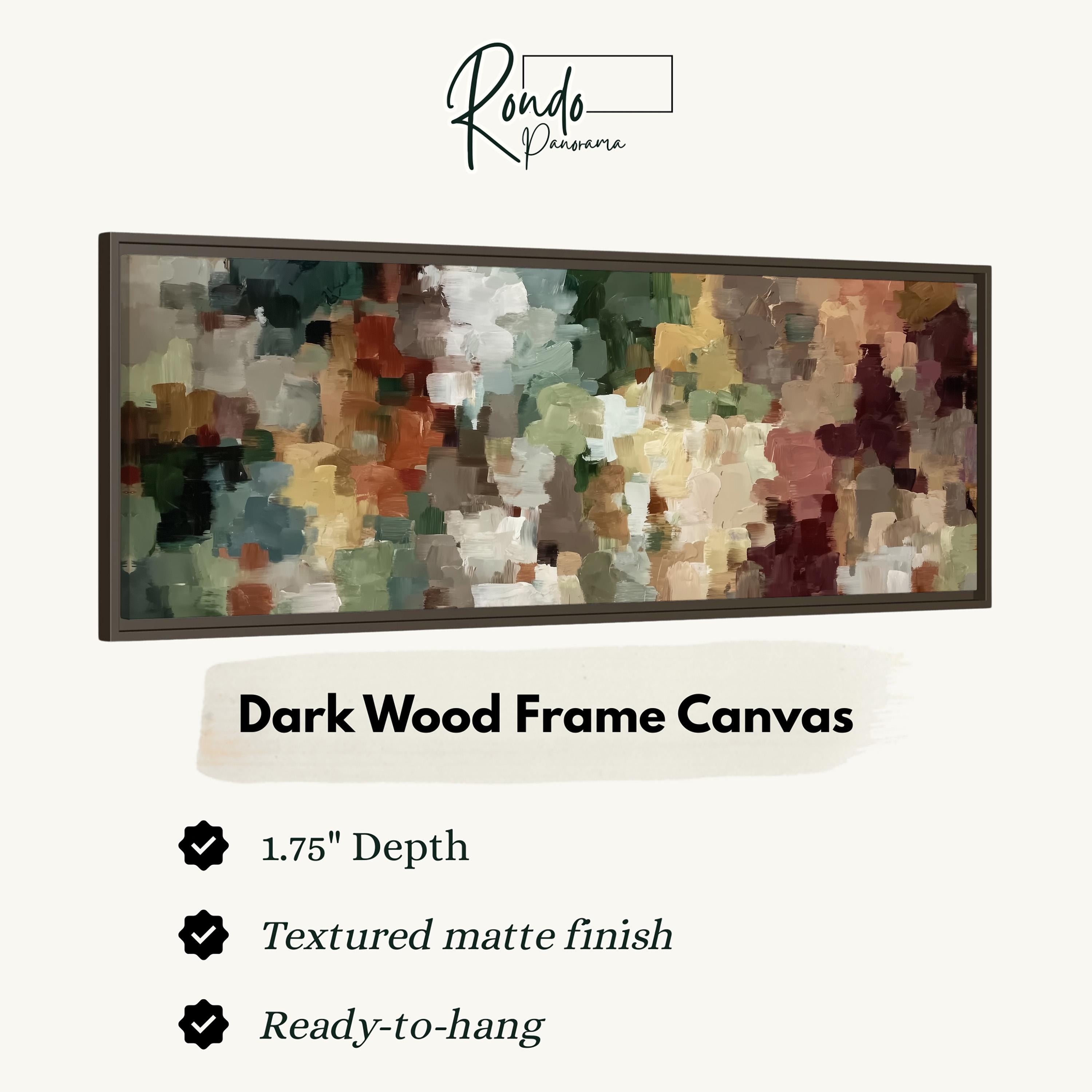 The image is a product advertisement for a dark wood frame canvas. It features a large abstract painting with a textured finish and a 1.75" depth. The canvas is described as textured matte finish and ready-to-hang.