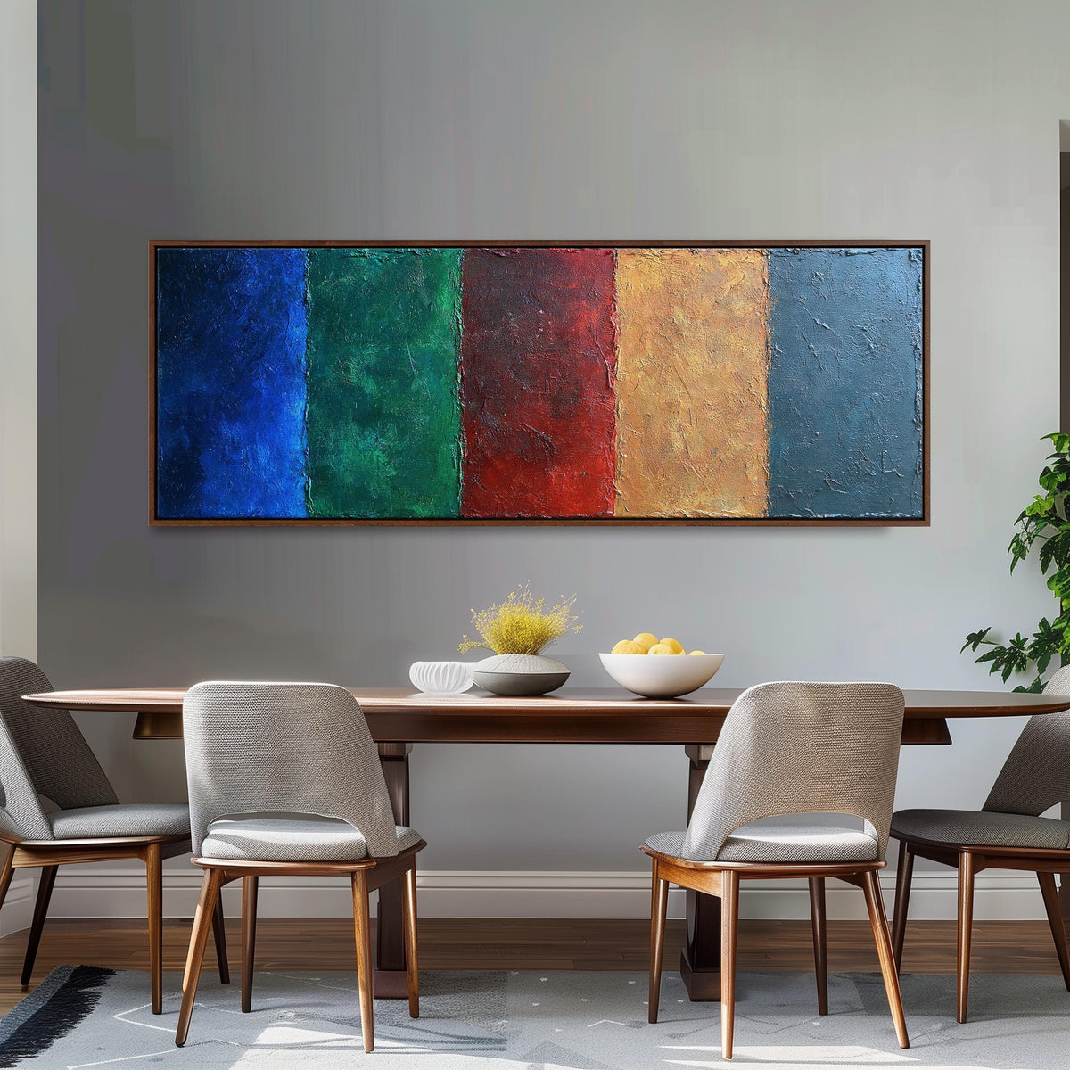 Textured jewel tone vertical bands panoramic canvas print above a white sofa in a bright living room
